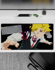 32x16 inches anime mouse pad in deep black with bright blond hair and violet demon glow, high-energy vibe.