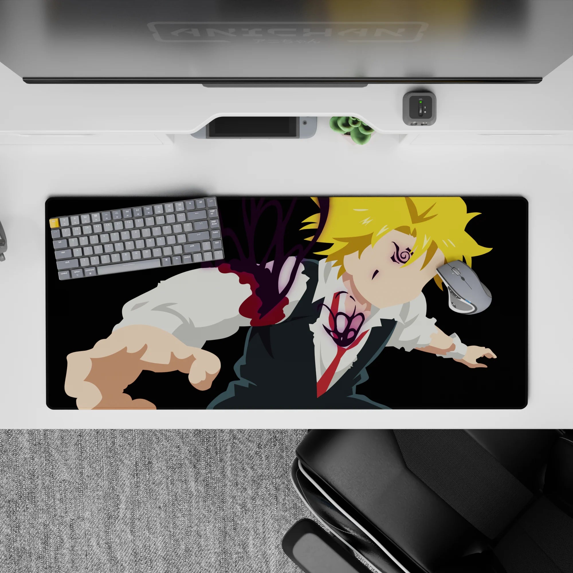 36x16 inches desk pad in deep black with bright blonde highlights and violet demon glow, high-drama vibe.