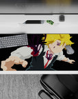 36x16 inches desk pad in deep black with bright blonde highlights and violet demon glow, high-drama vibe.