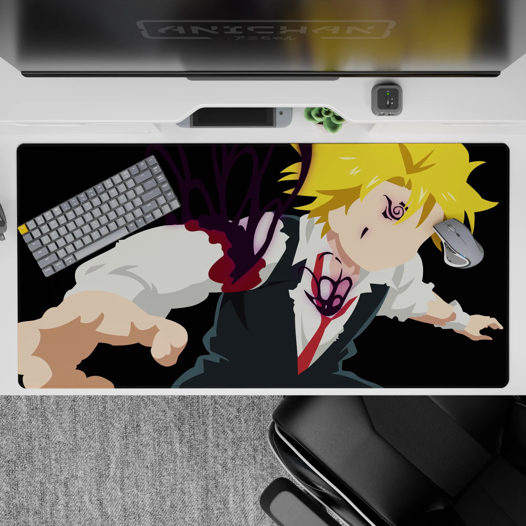 40x20 inches anime desk pad in black with bright blond hair, crisp whites, and violet demon glow.