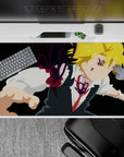 40x20 inches anime desk pad in black with bright blond hair, crisp whites, and violet demon glow.
