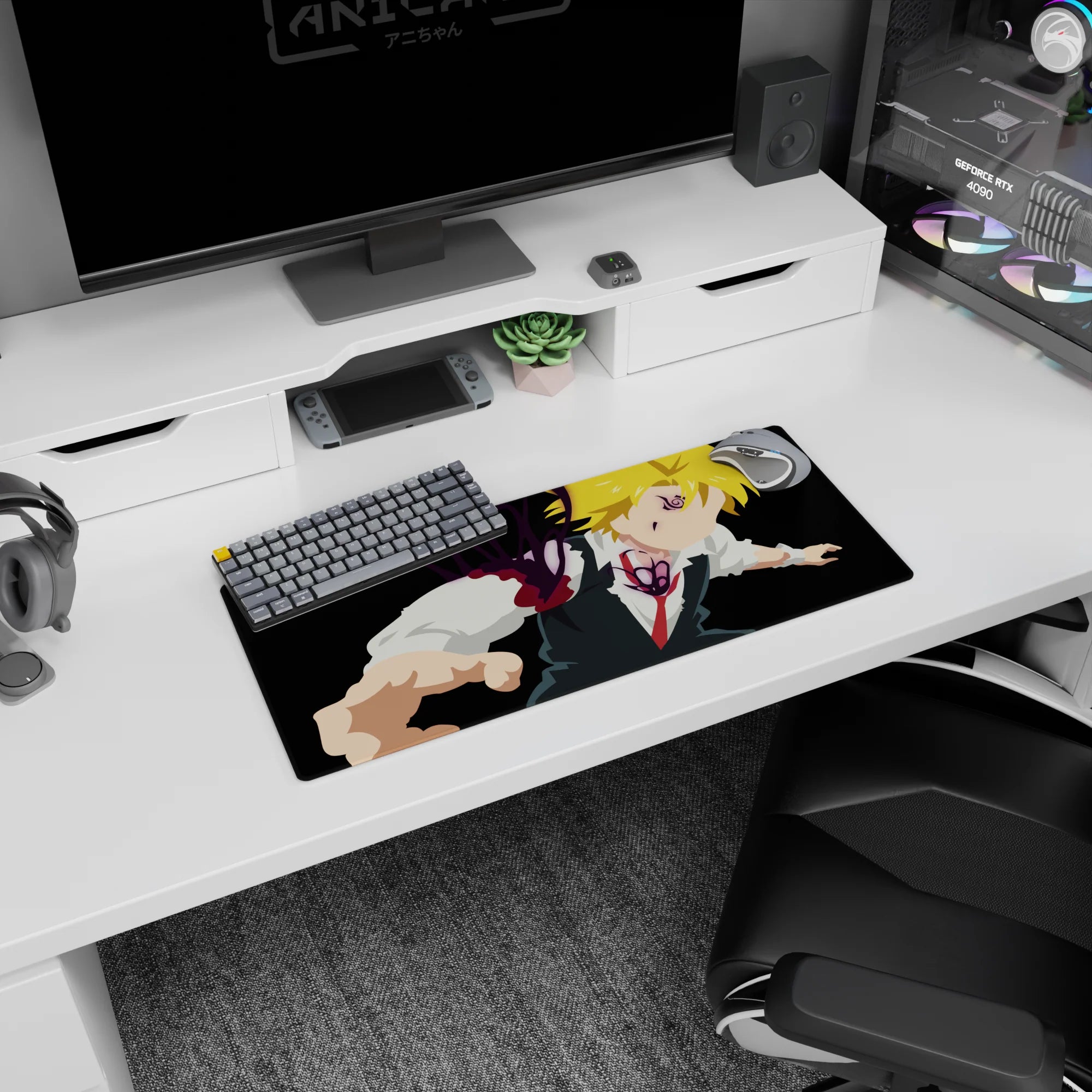 28x12 inches Meliodas mouse pad, sharp lunge pose bursting forward, demon eye markings and aura.