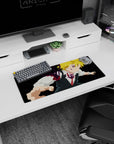 28x12 inches Meliodas mouse pad, sharp lunge pose bursting forward, demon eye markings and aura.