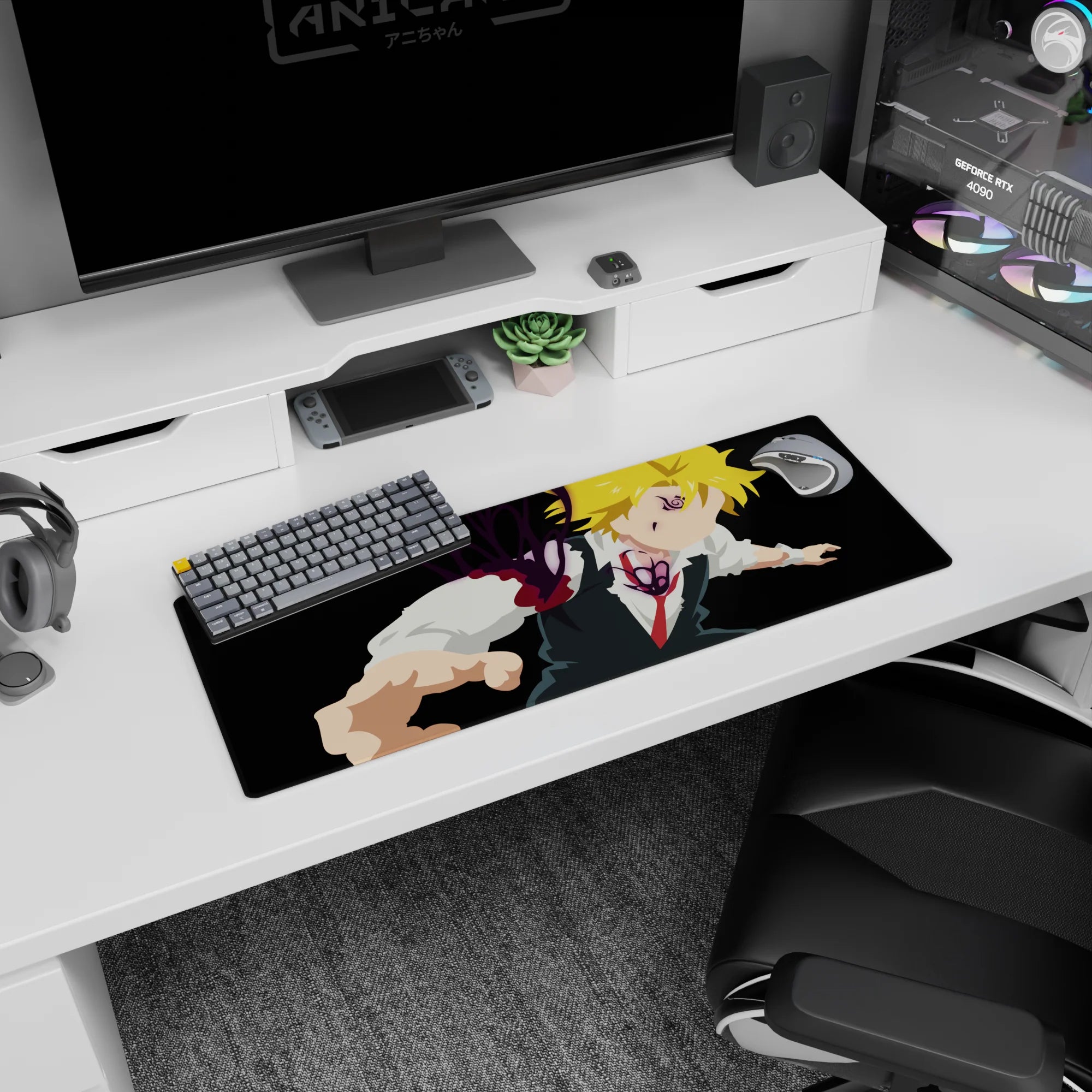 32x12 inches anime mouse pad showing Meliodas mid-lunge, purple ink aura bursting as he breaks the frame.