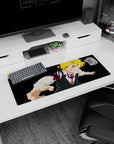 32x12 inches anime mouse pad showing Meliodas mid-lunge, purple ink aura bursting as he breaks the frame.