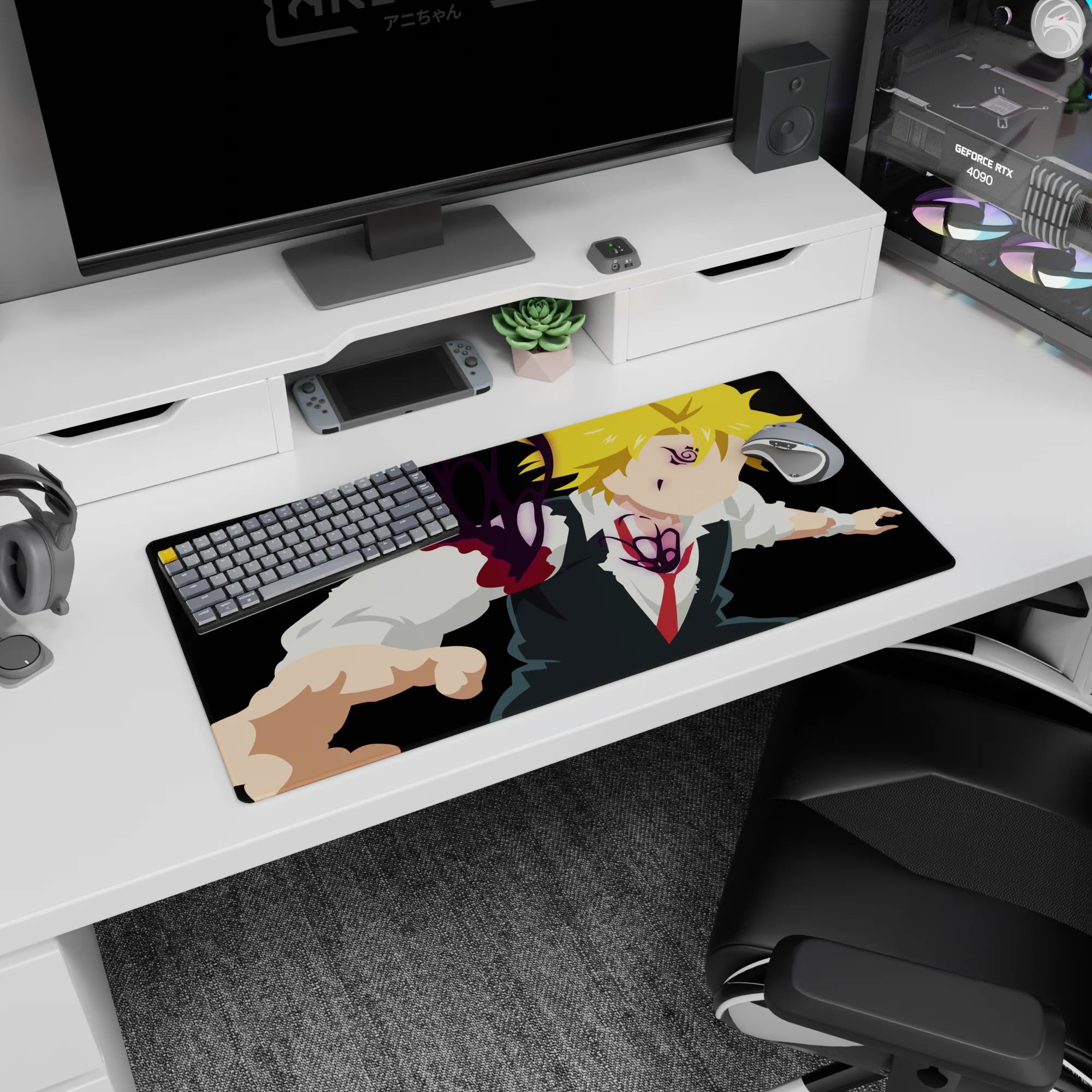 32x16 inches anime mouse pad showing Meliodas mid-lunge, demon markings over eye and chest, purple ink aura.