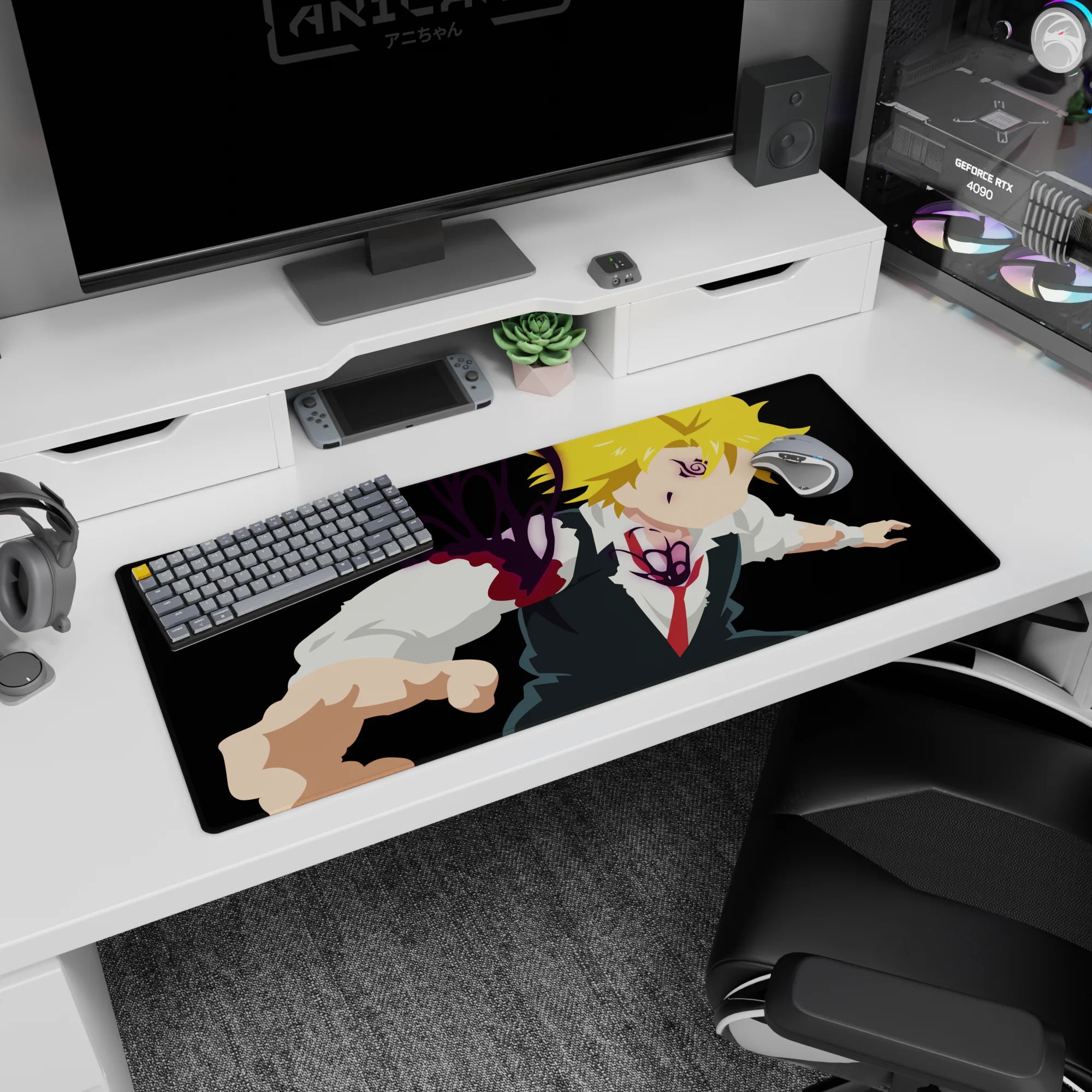 36x16 inches anime desk pad showing Meliodas lunging forward, white shirt and vest, purple ink aura.