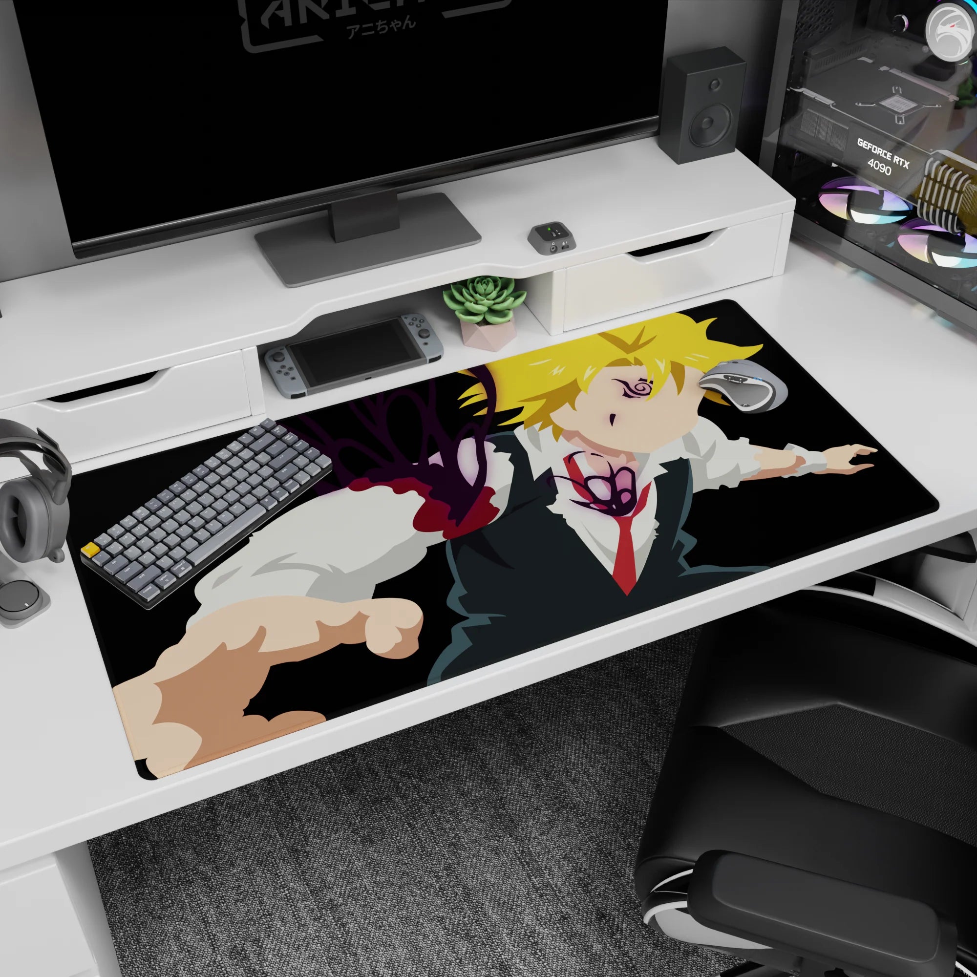 40x20 inches anime desk pad showing Meliodas lunging forward, violet markings over eye and chest.