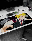 40x20 inches anime desk pad showing Meliodas lunging forward, violet markings over eye and chest.