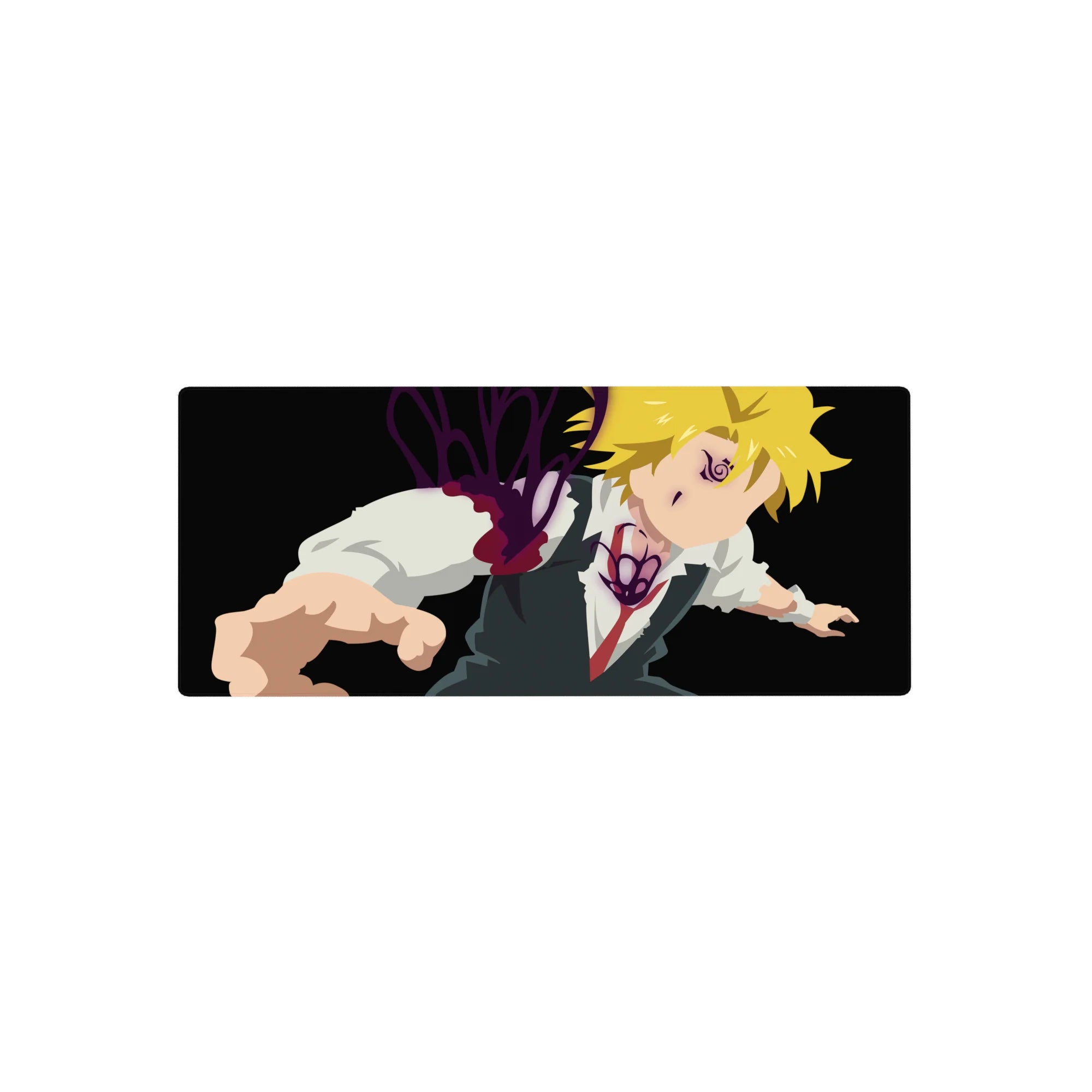 28x12 inches anime mouse pad with Meliodas mid-lunge on black, violet markings, purple aura splash.