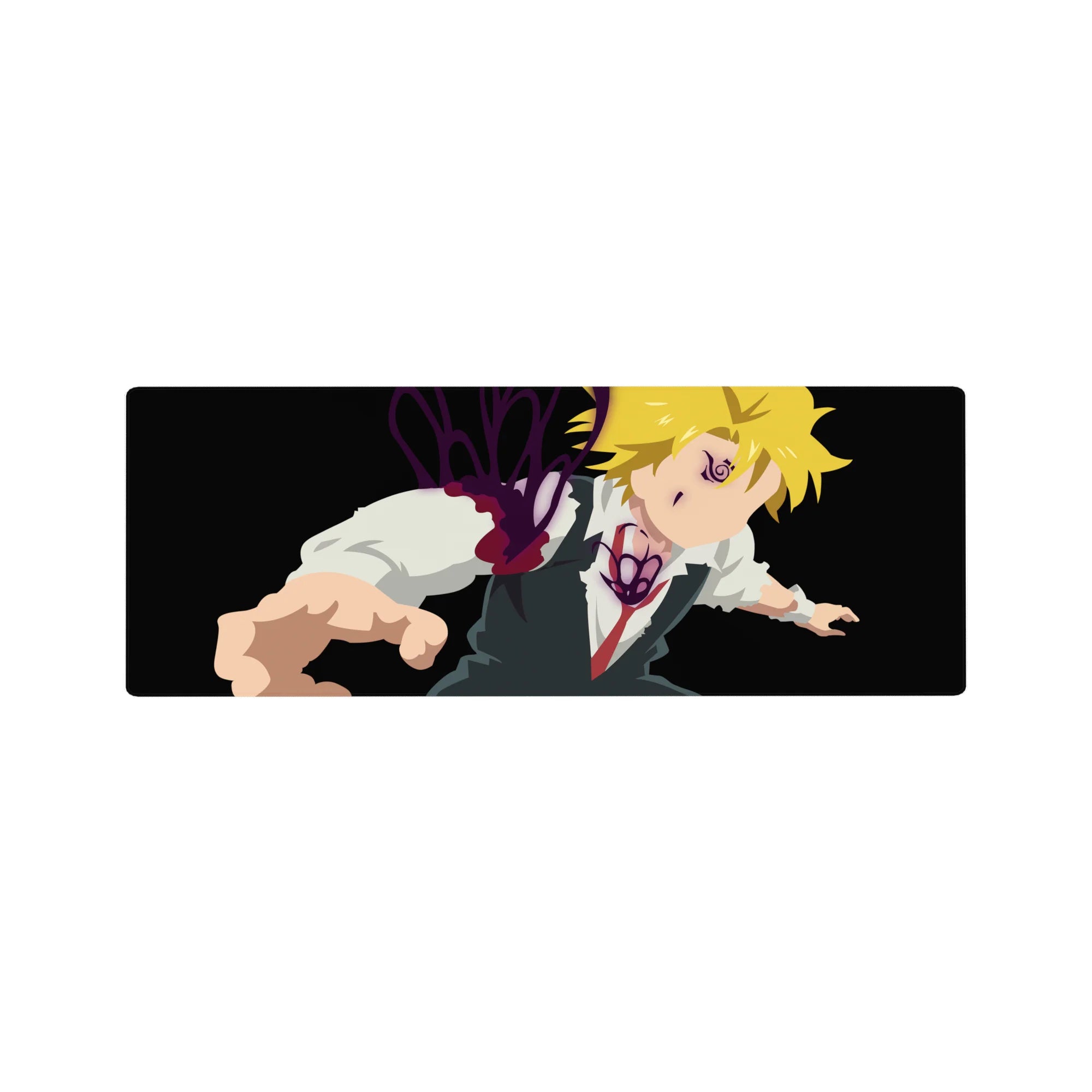 32x12 inches anime mouse pad with Meliodas lunging forward on black, demon markings and purple aura splash.