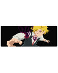 32x12 inches anime mouse pad with Meliodas lunging forward on black, demon markings and purple aura splash.
