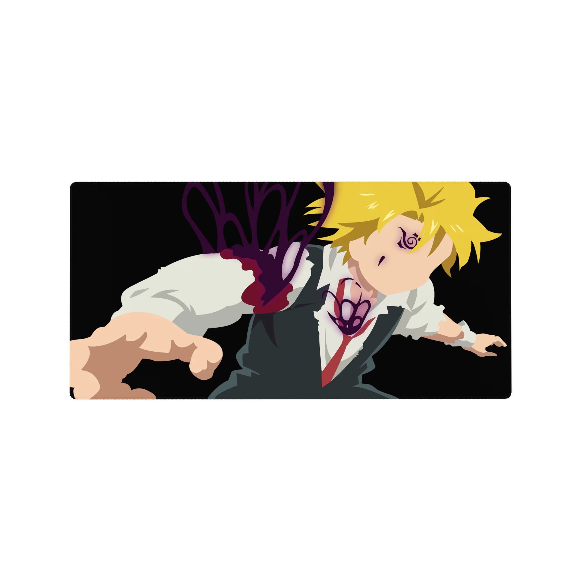 32x16 inches anime mouse pad with Meliodas lunging forward on a black background with purple aura accents.