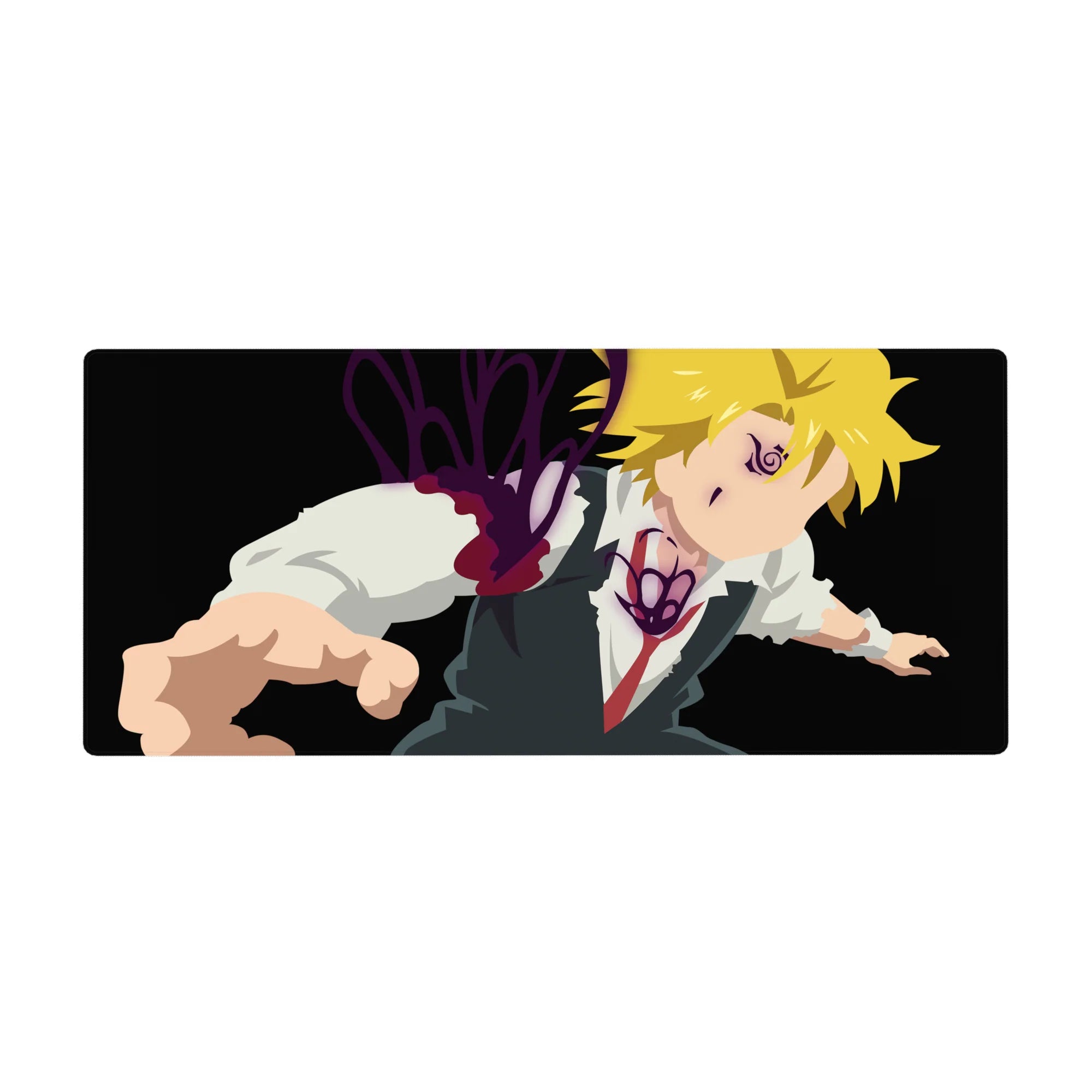 36x16 inches anime desk pad with Meliodas mid-lunge, black backdrop, demon marks, purple aura splash.