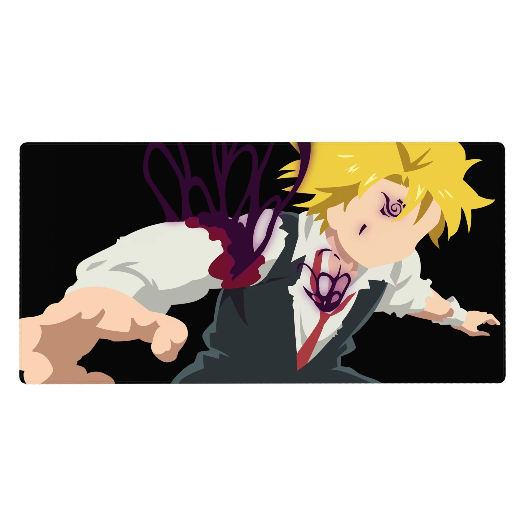 40x20 inches anime desk pad with Meliodas mid-lunge on black backdrop, purple aura and demon marks.
