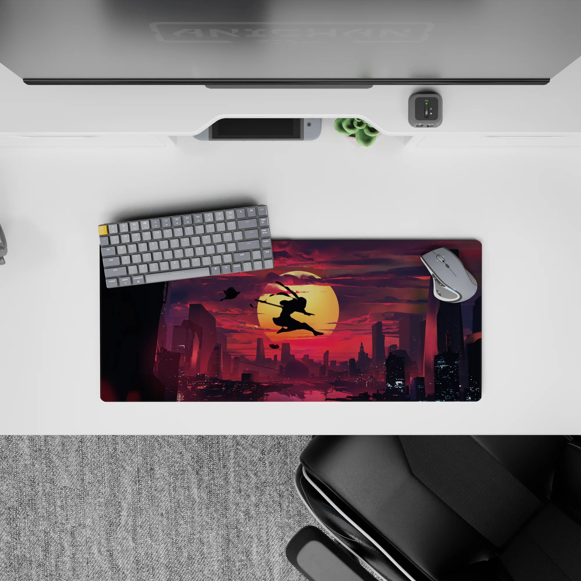 28x12 inches anime mouse pad in crimson clouds and deep violet shadows, sharp contrast for a night vibe.