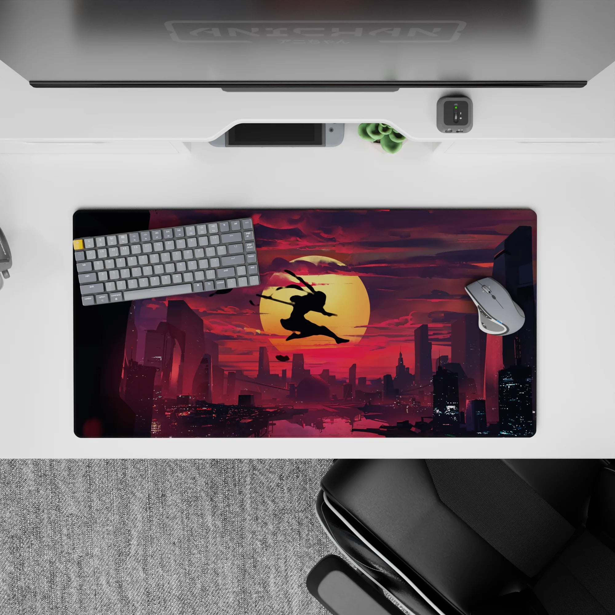 32x16 inches anime mouse pad in crimson clouds and deep violet shadows, sharp contrast, late-night vibe.
