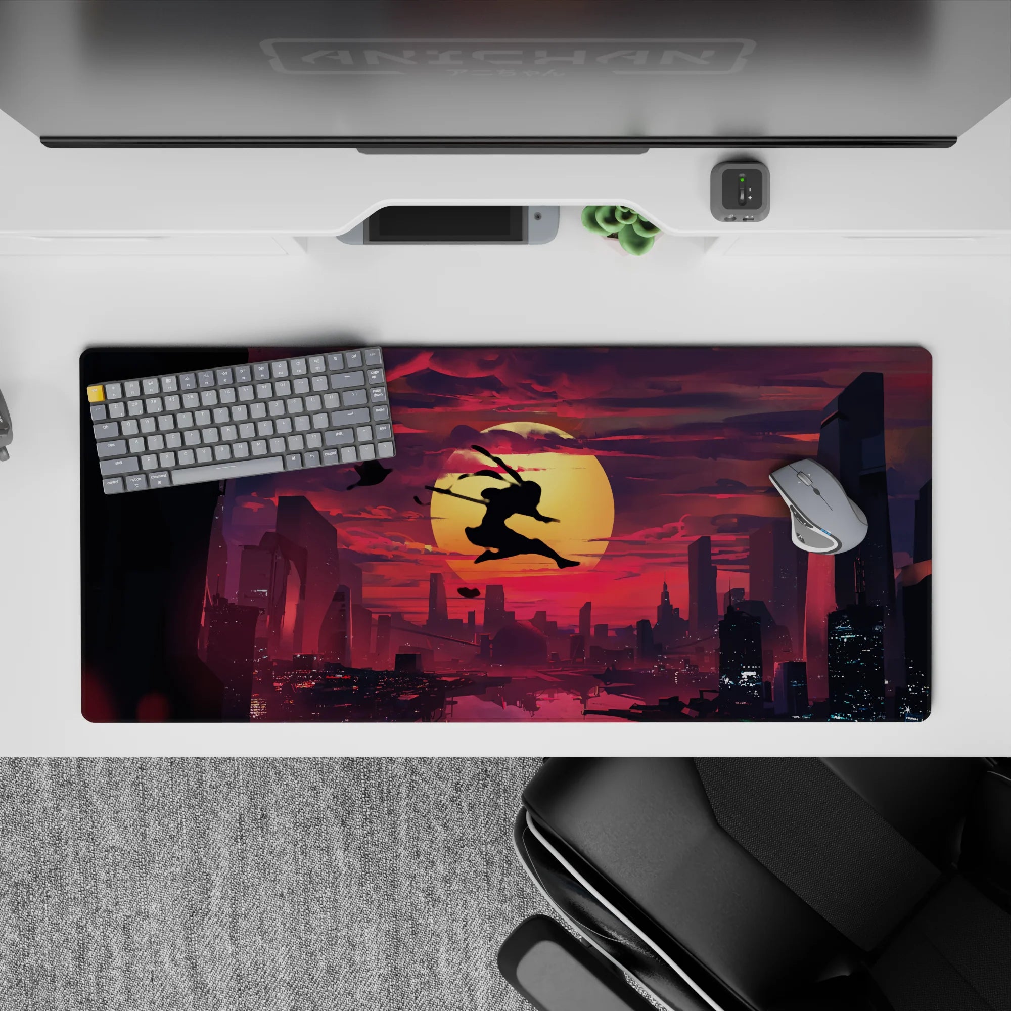 36x16 inches anime desk pad in crimson clouds and deep violet shadows, high-contrast late-night vibe.