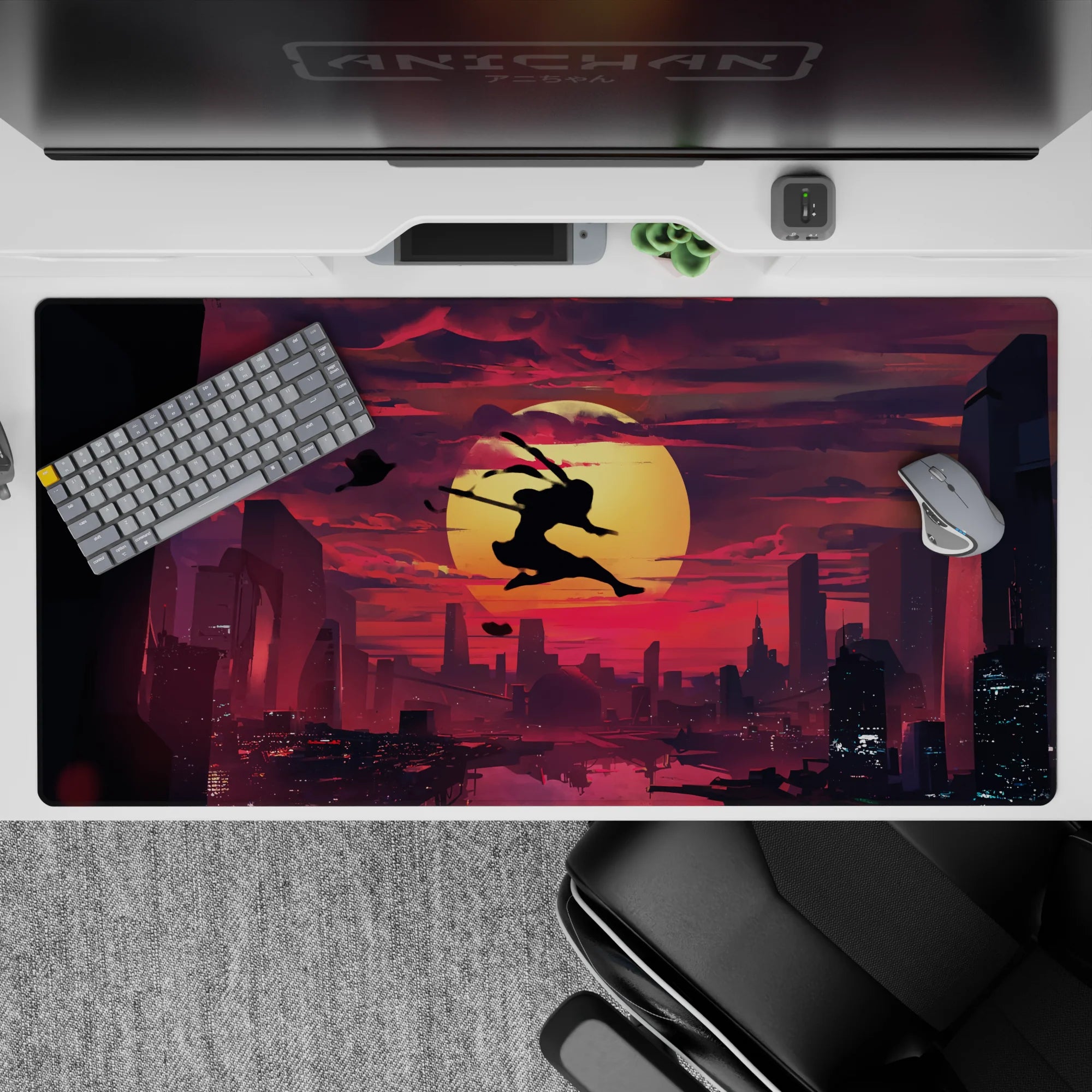 40x20 inches anime desk pad in crimson clouds and deep violet shadows, high-contrast late-night vibe.