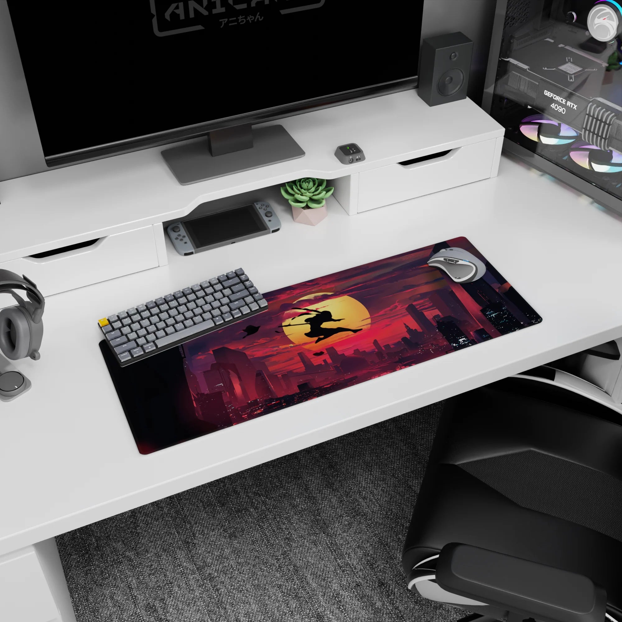 32x12 inches anime mouse pad showing a lone ninja mid-leap with twin swords above a glowing city.