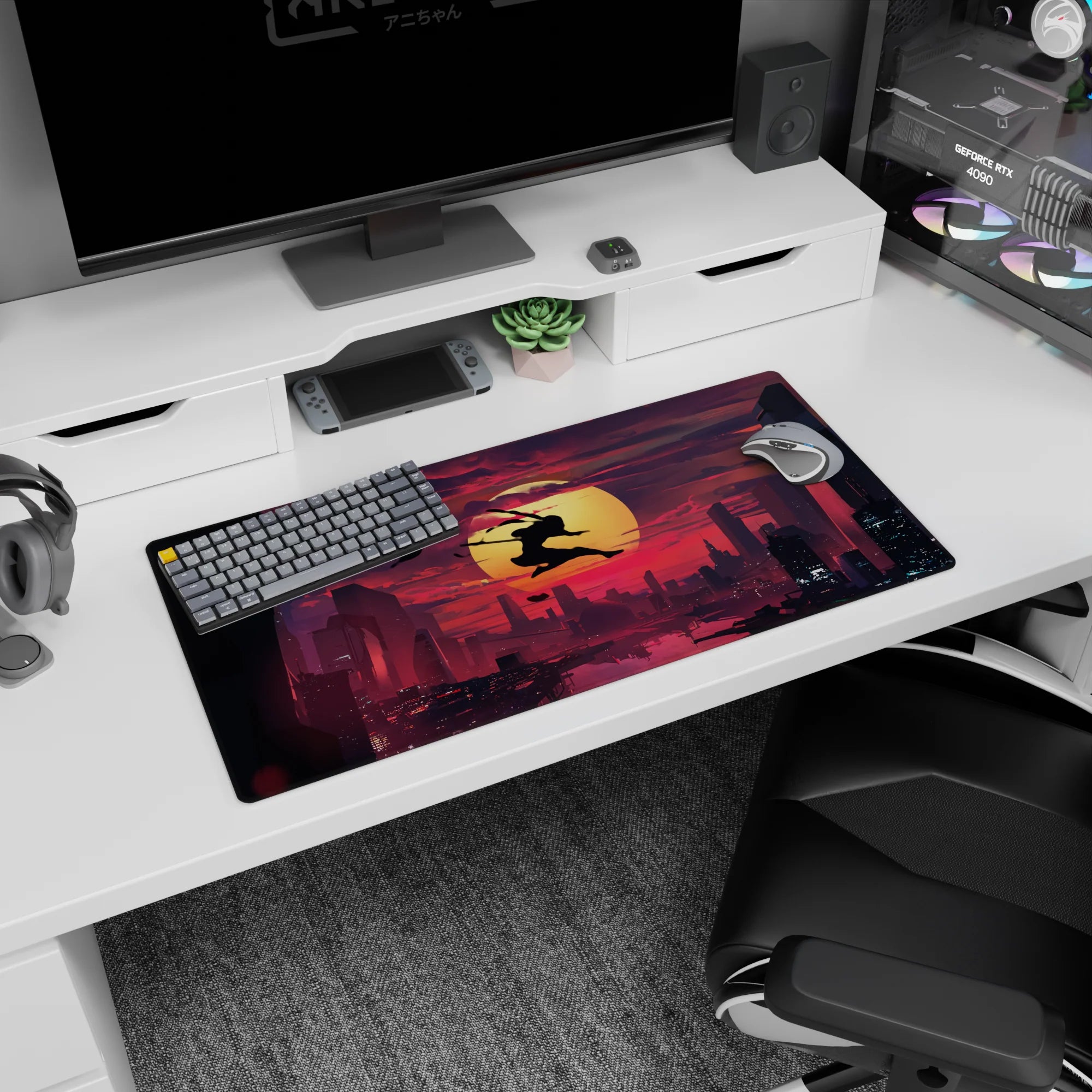 32x16 inches anime mouse pad showing a lone ninja mid-leap with twin swords above a modern skyline.