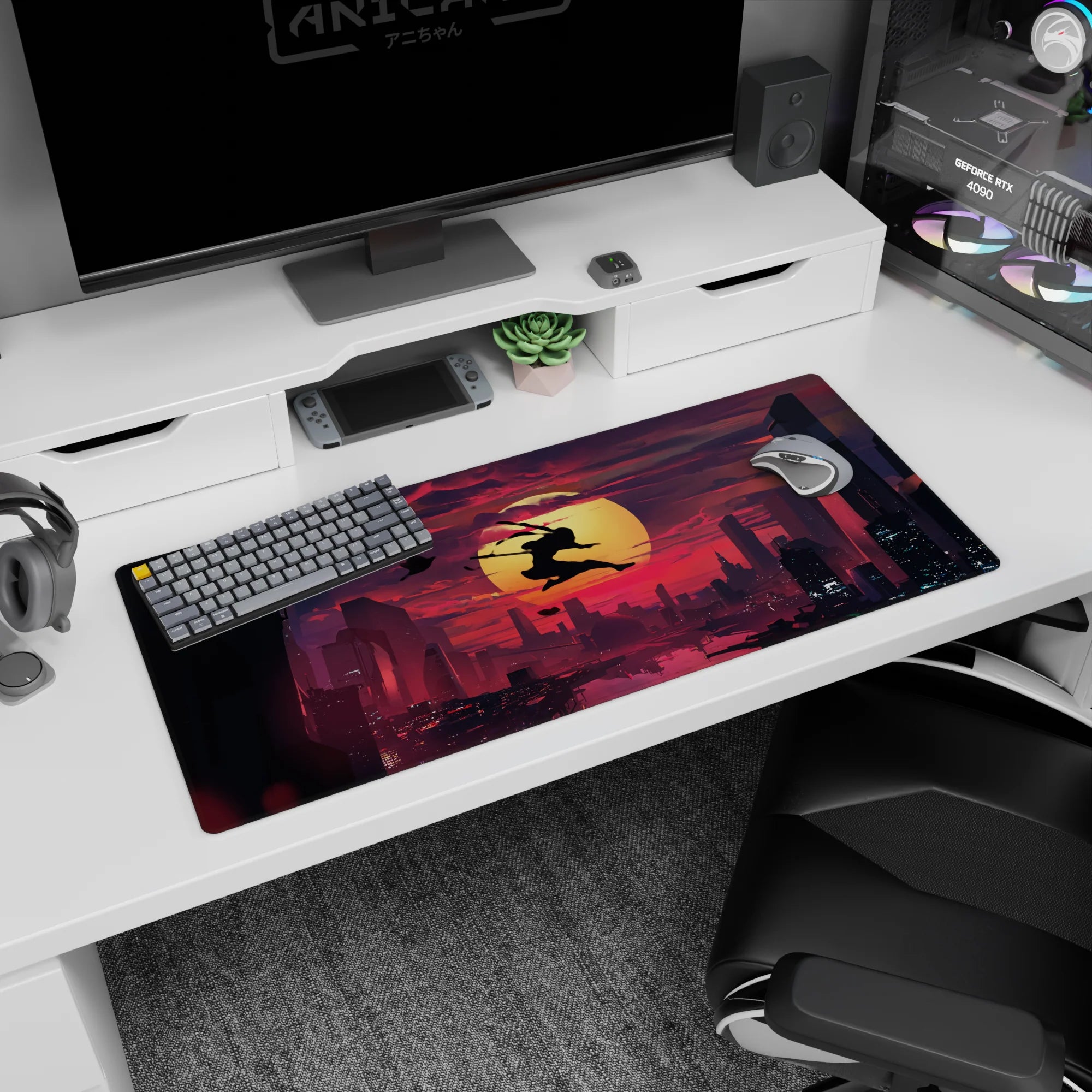 36x16 inches anime desk pad showing a lone ninja mid-leap with twin swords across a glowing sun.
