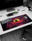 36x16 inches anime desk pad showing a lone ninja mid-leap with twin swords across a glowing sun.