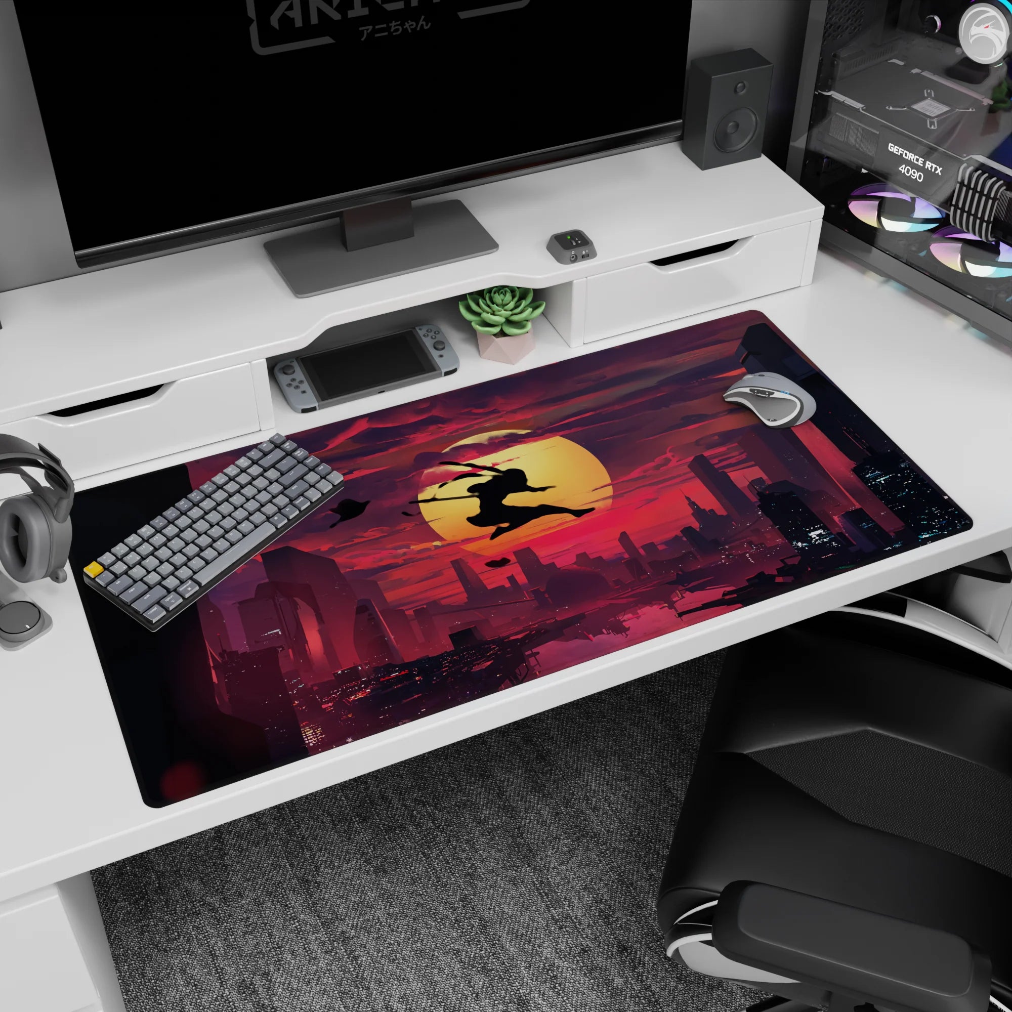 40x20 inches anime desk pad showing a lone ninja mid-leap with twin swords cutting across a glowing sun.