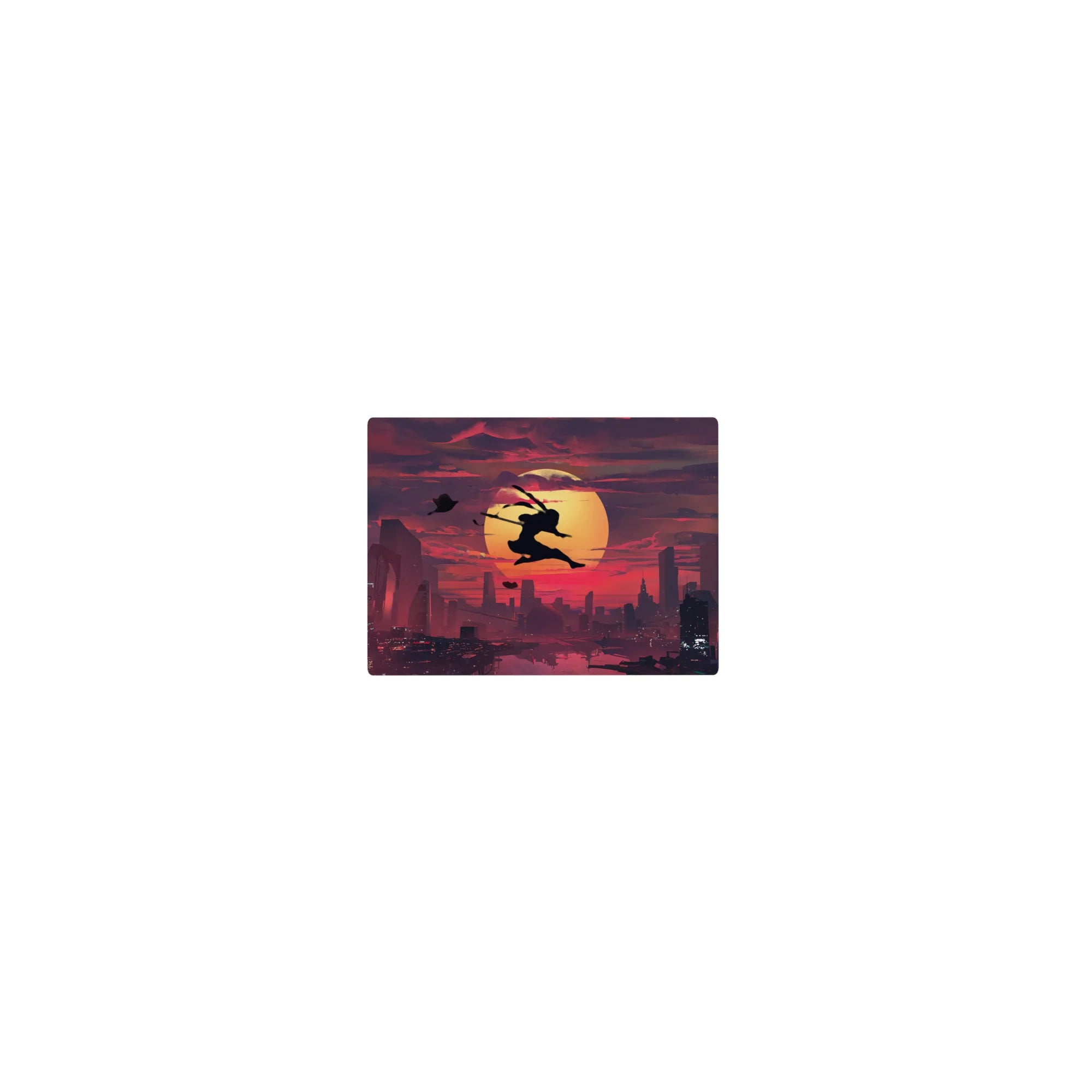 Classic anime mouse pad 14x10 inches with ninja silhouette leaping over a glowing sun and city skyline.