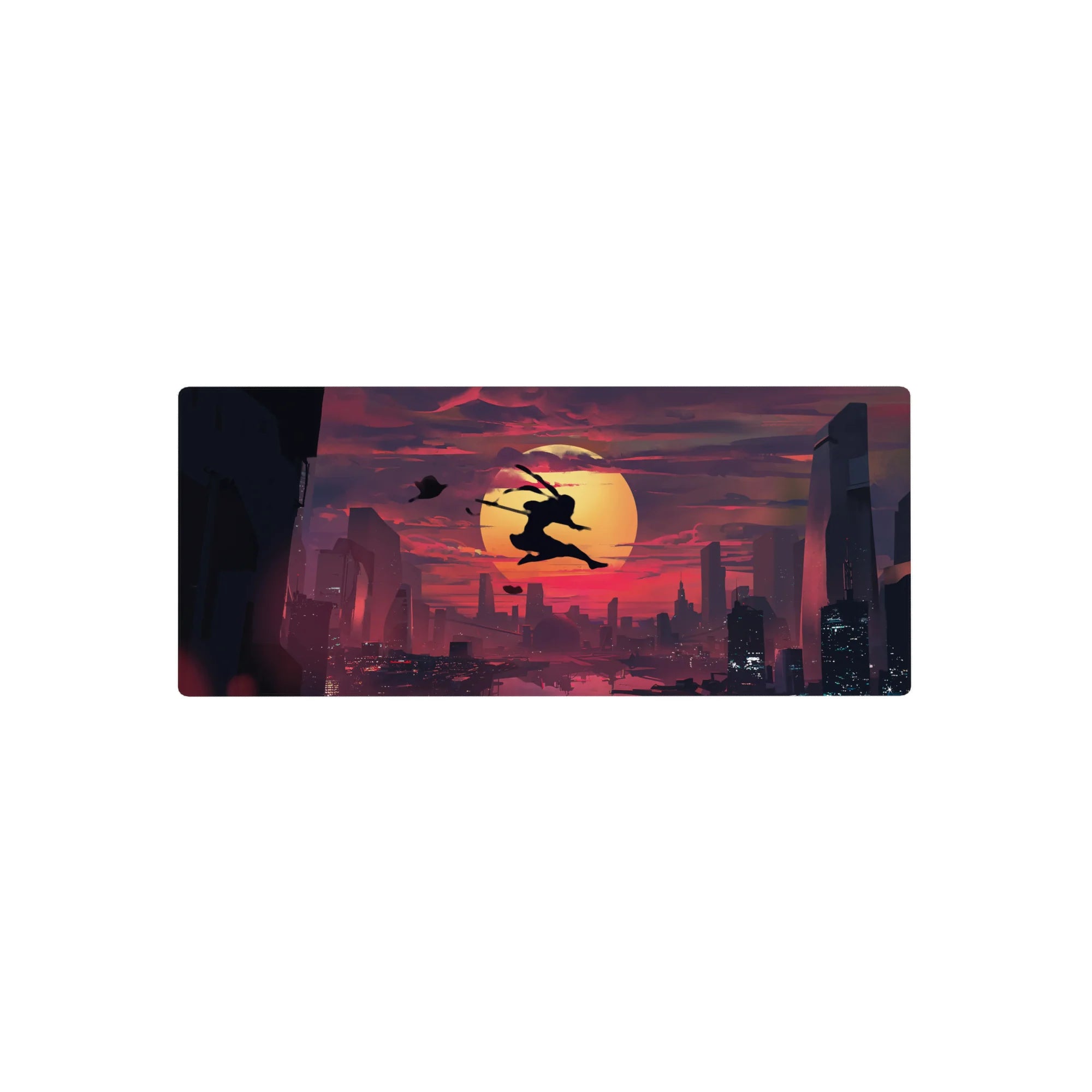 28x12 inches anime mouse pad with ninja silhouette leaping before a giant sun over a modern city skyline.