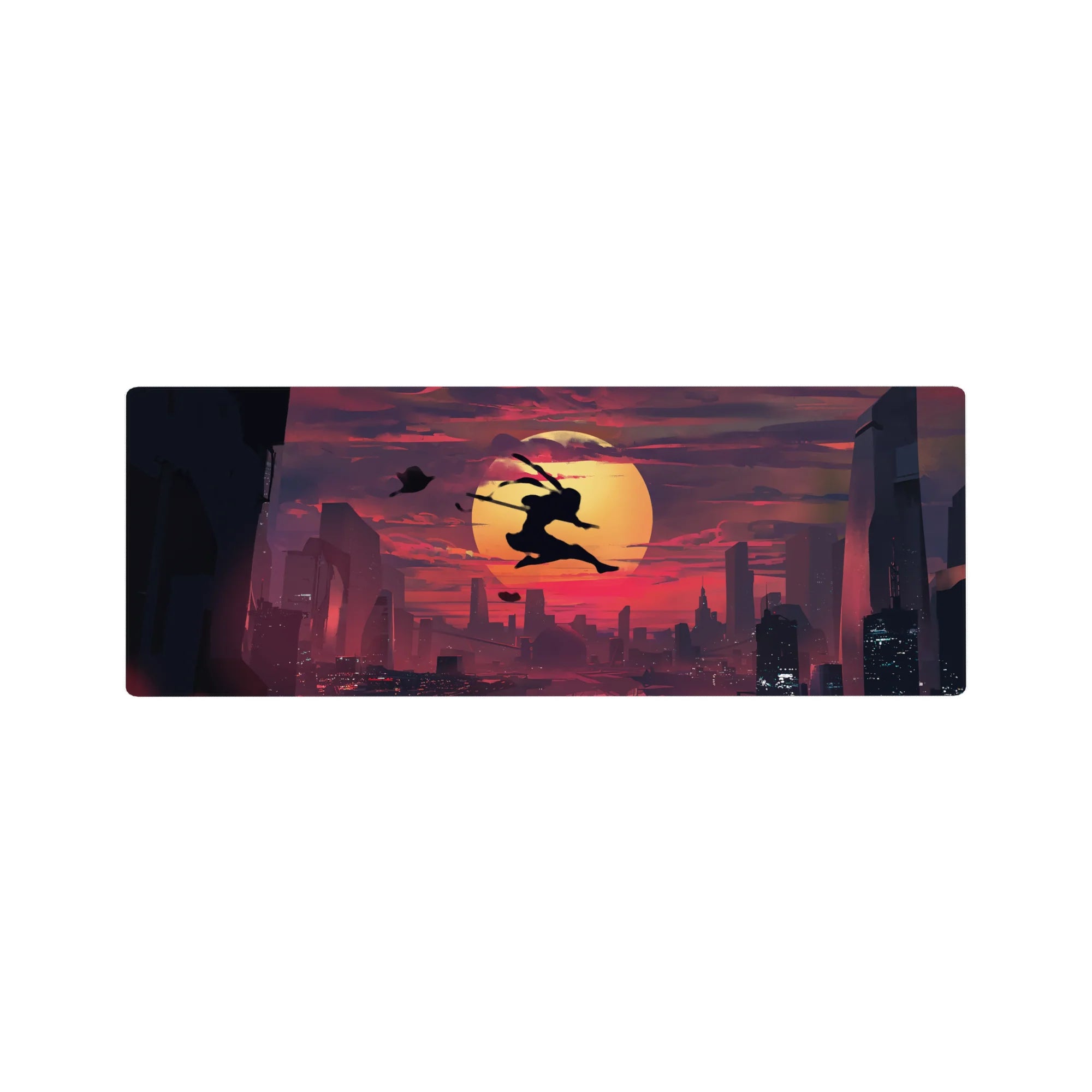32x12 inches anime mouse pad with ninja silhouette leaping over a giant sun and neon city skyline.