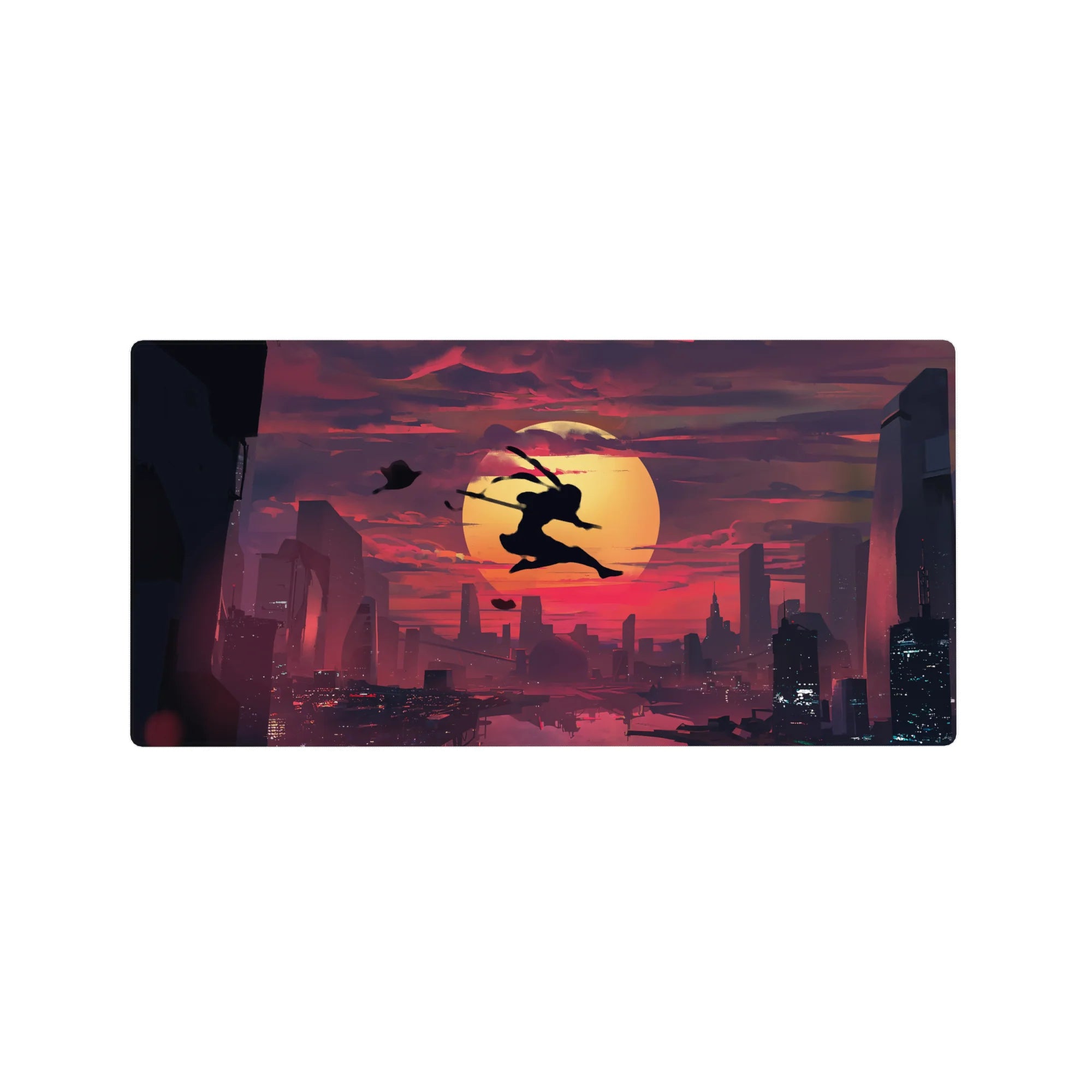 32x16 inches anime mouse pad with ninja silhouette leaping before a giant sun over a glittering city.