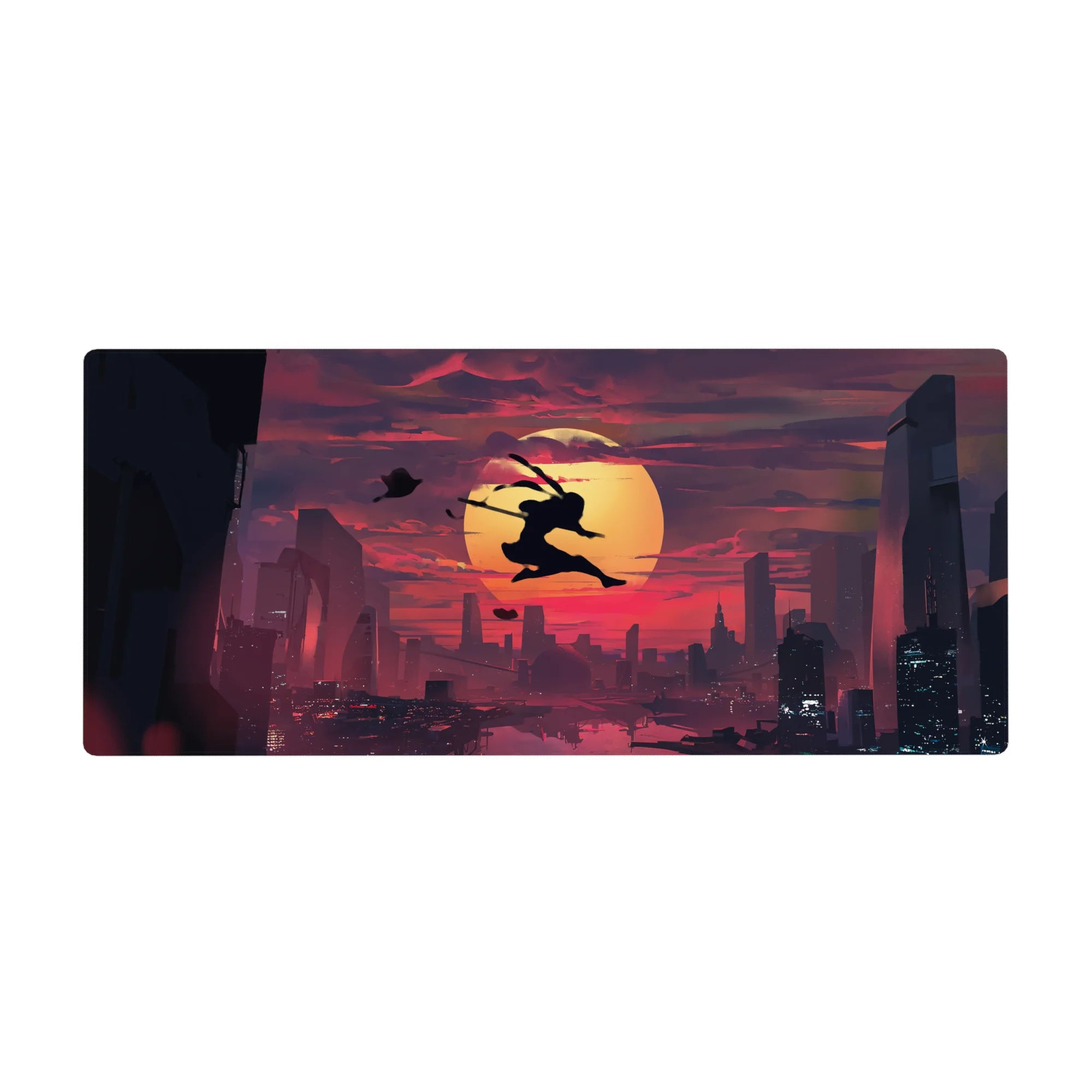36x16 inches anime desk pad with ninja silhouette leaping over a giant sun above a modern city skyline.