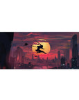 36x16 inches anime desk pad with ninja silhouette leaping over a giant sun above a modern city skyline.