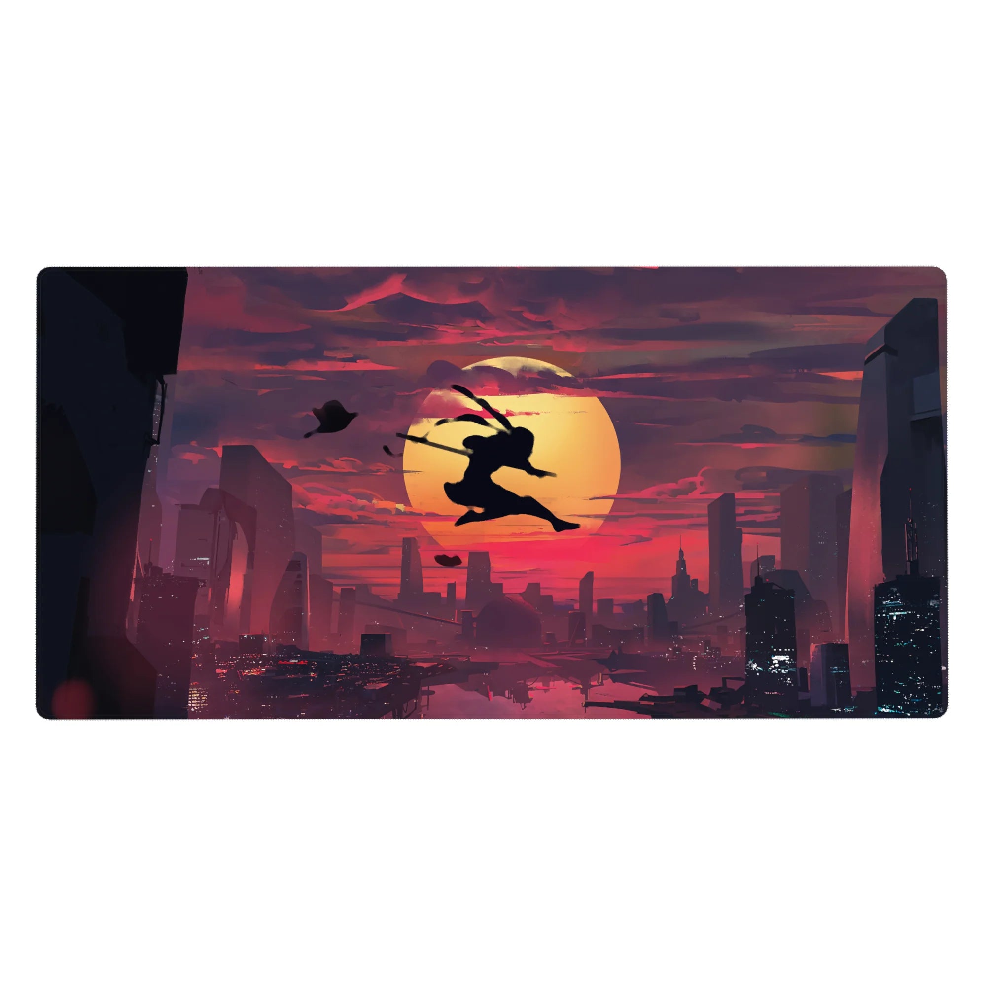 40x20 inches anime desk pad with ninja silhouette leaping over a giant sun above a modern city skyline.