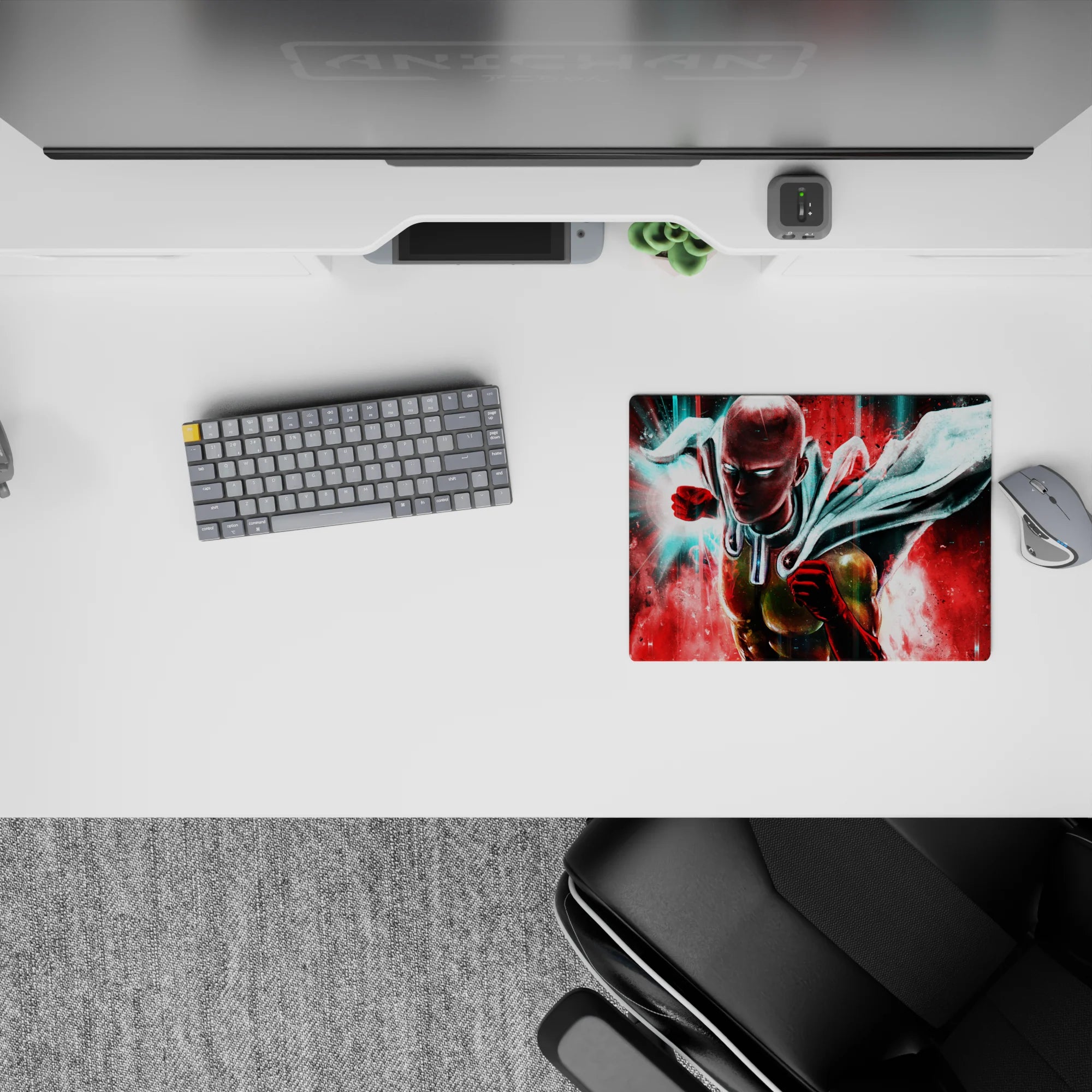 Vibrant 14x10 inches anime mouse pad in crimson and teal, high-contrast lighting for fast, gritty vibes.