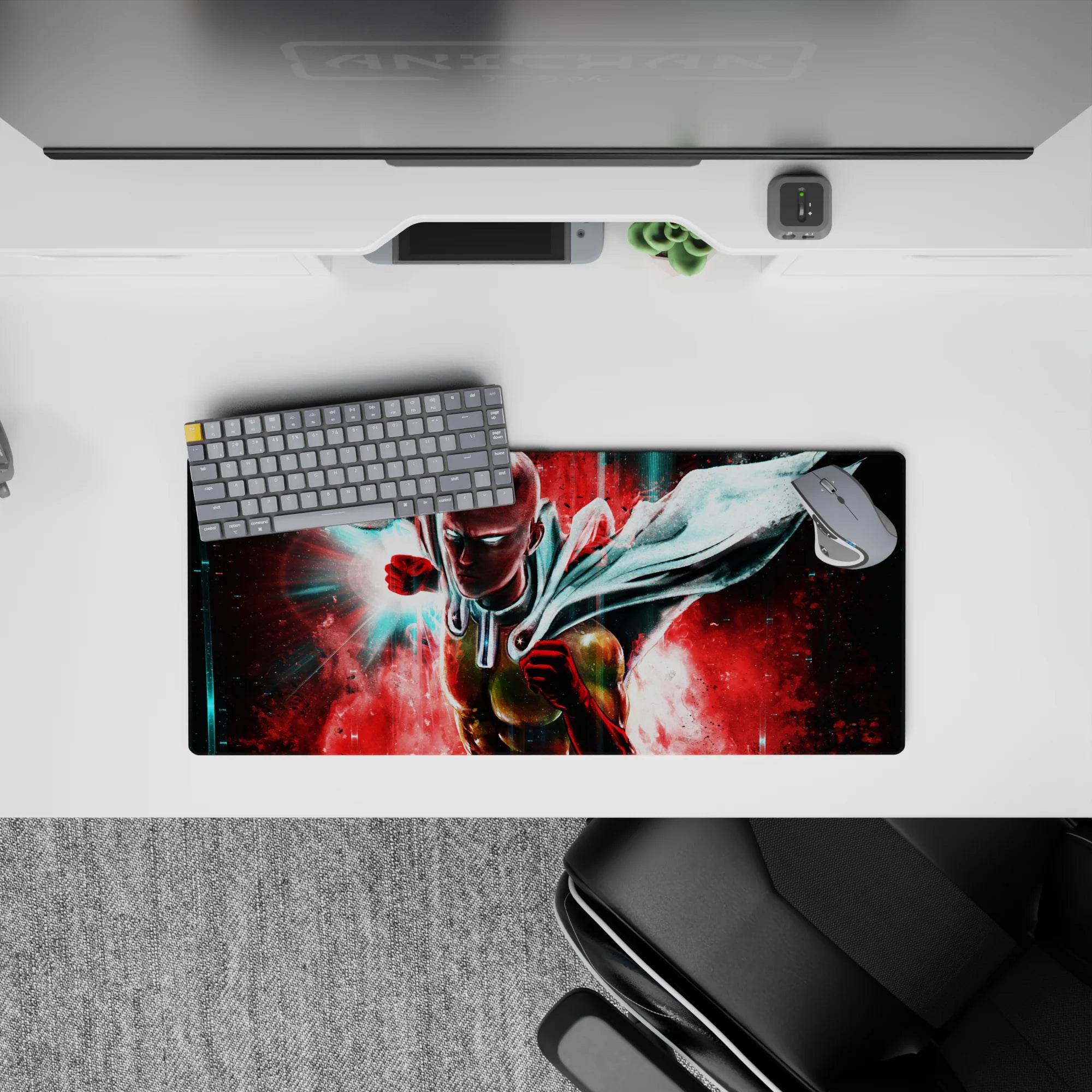 28x12 inches anime mouse pad in neon teal and hot crimson, high-contrast lighting for fast, gritty vibes.