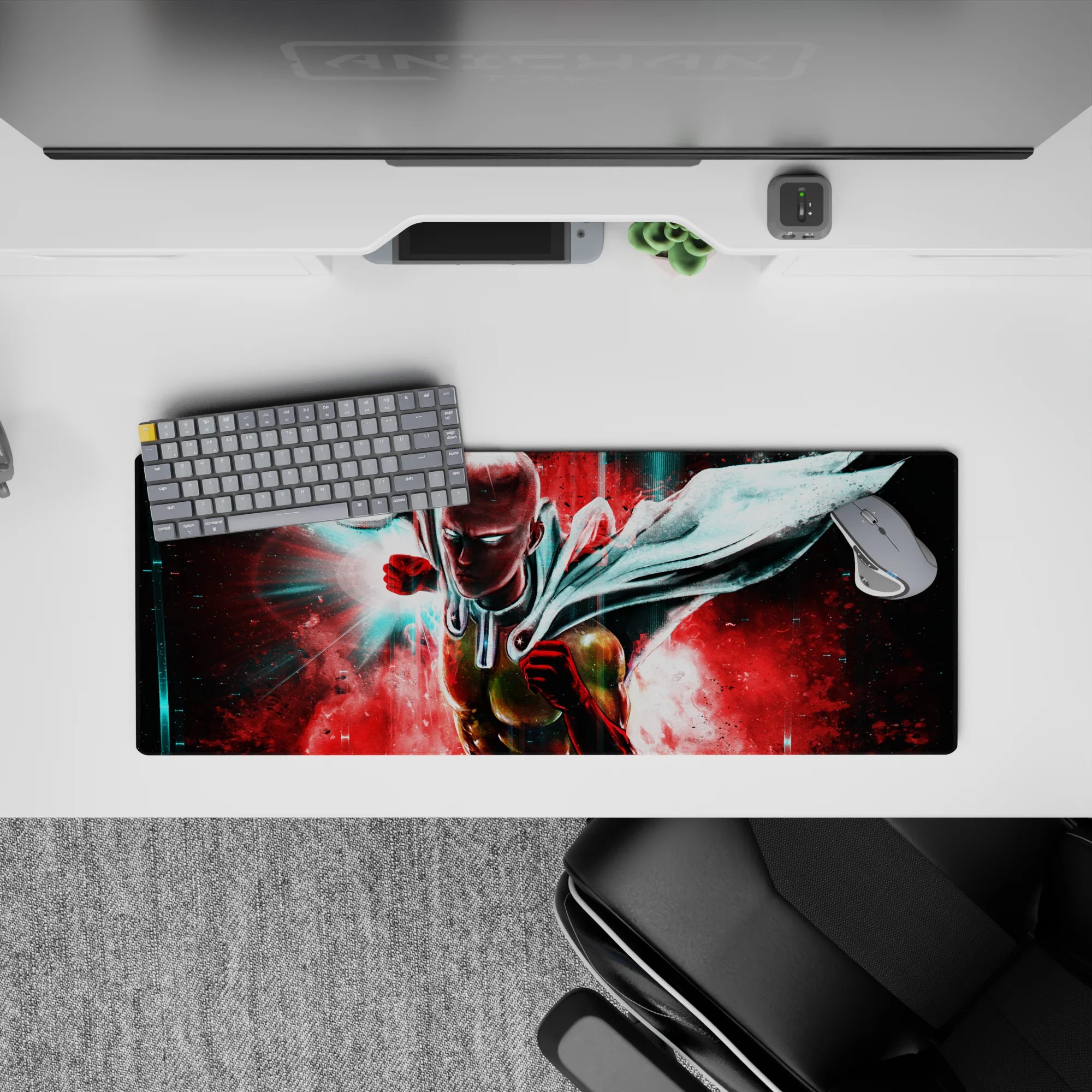 32x12 inches anime mouse pad in neon teal and hot crimson, hard-lit, high-speed comic energy mood.