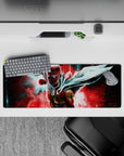 32x12 inches anime mouse pad in neon teal and hot crimson, hard-lit, high-speed comic energy mood.