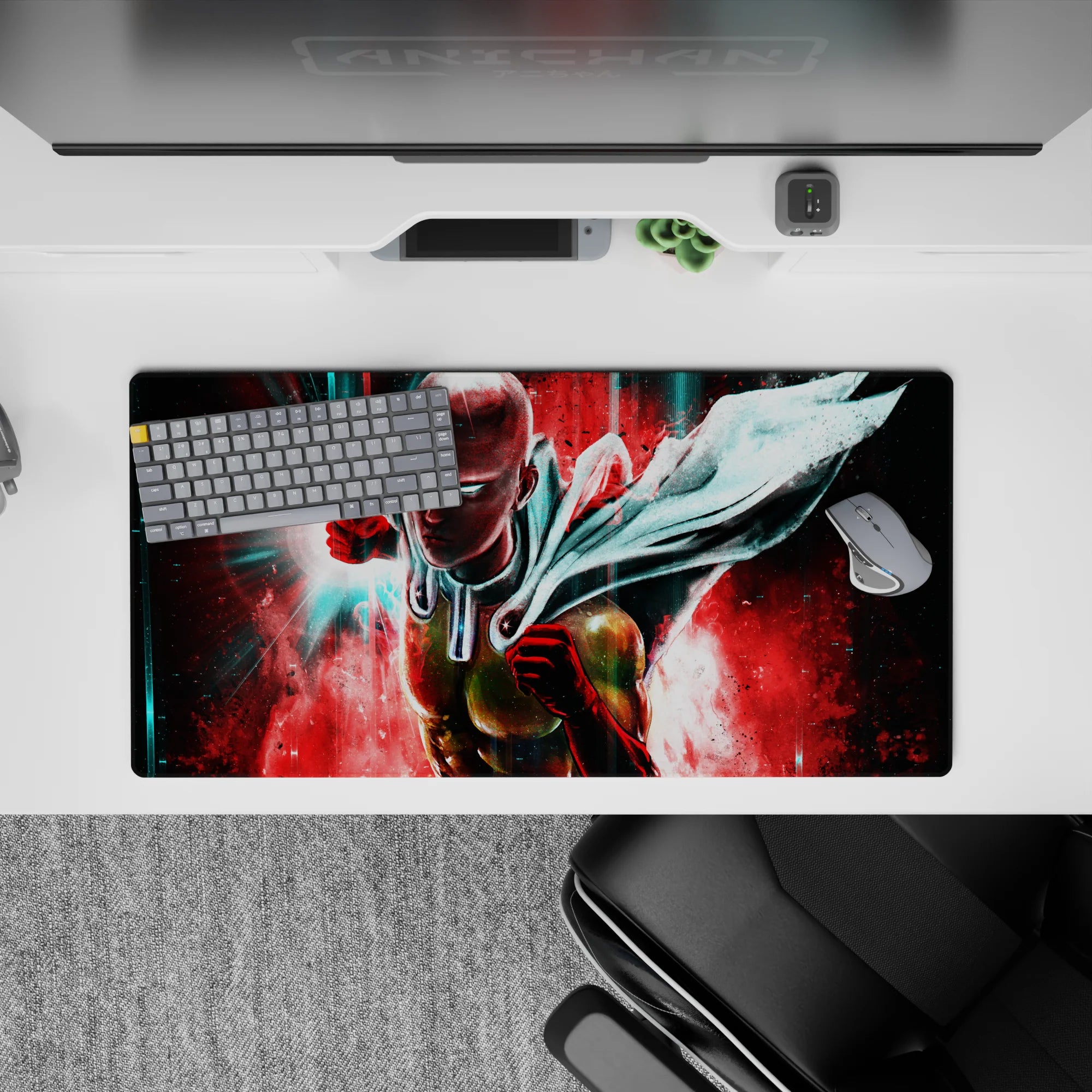 32x16 inches anime mouse pad in hot crimson with neon teal motion lines, gritty high-energy desk mat.