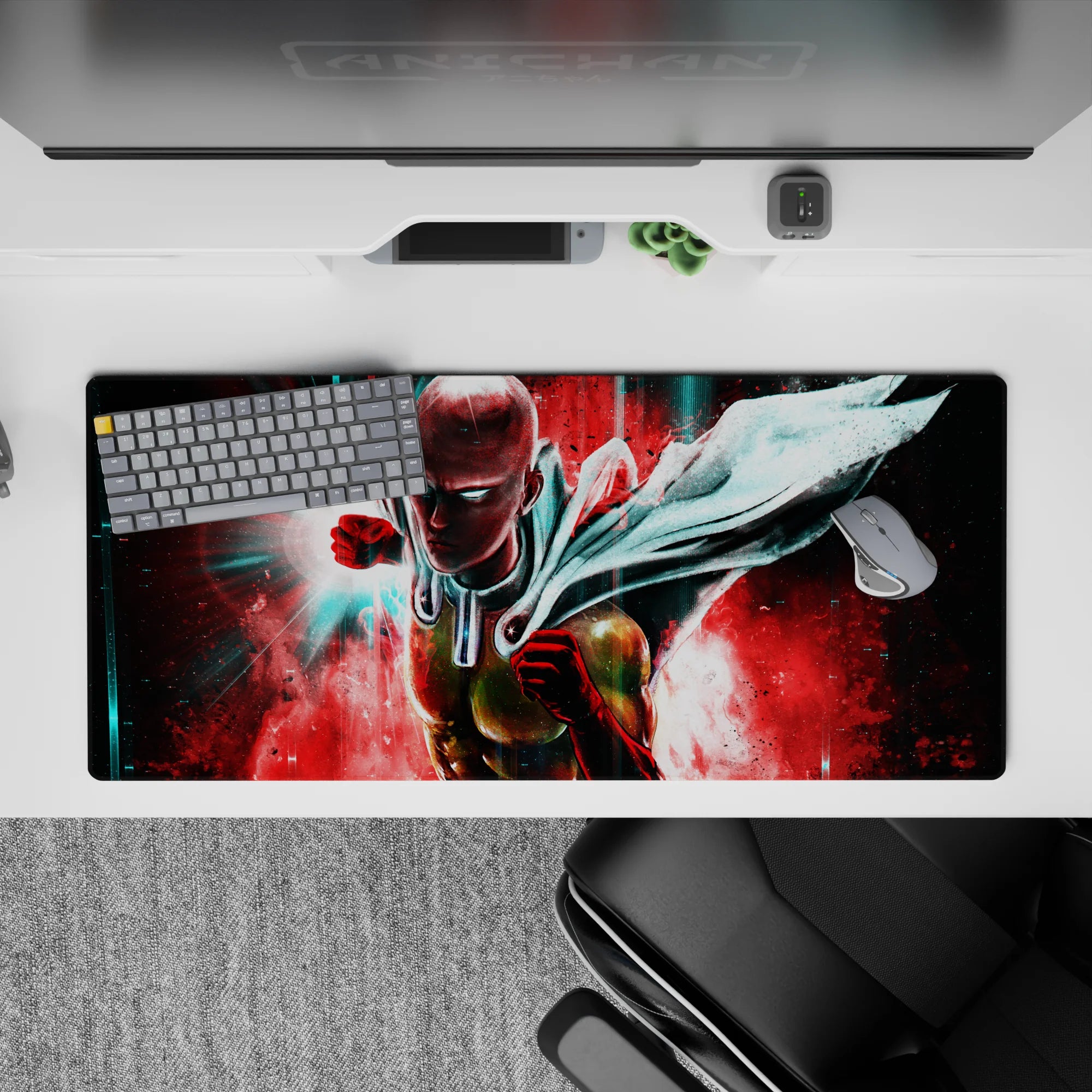 36x16 inches anime desk pad in neon teal and hot crimson, high-energy comic lighting and speed vibe.