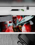 36x16 inches anime desk pad in neon teal and hot crimson, high-energy comic lighting and speed vibe.
