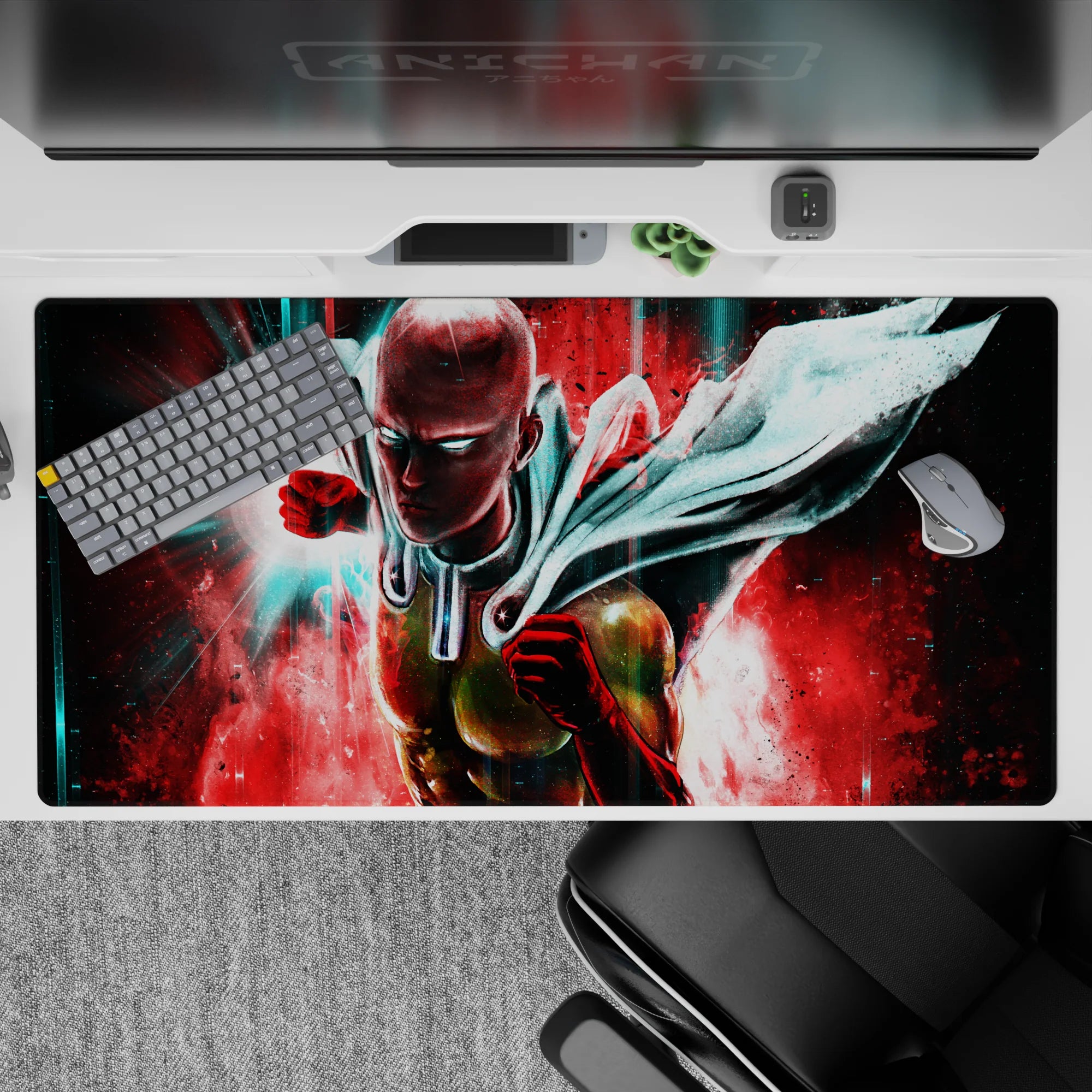 40x20 inches anime desk pad in neon teal and hot crimson, high-contrast lighting and fast comic energy.