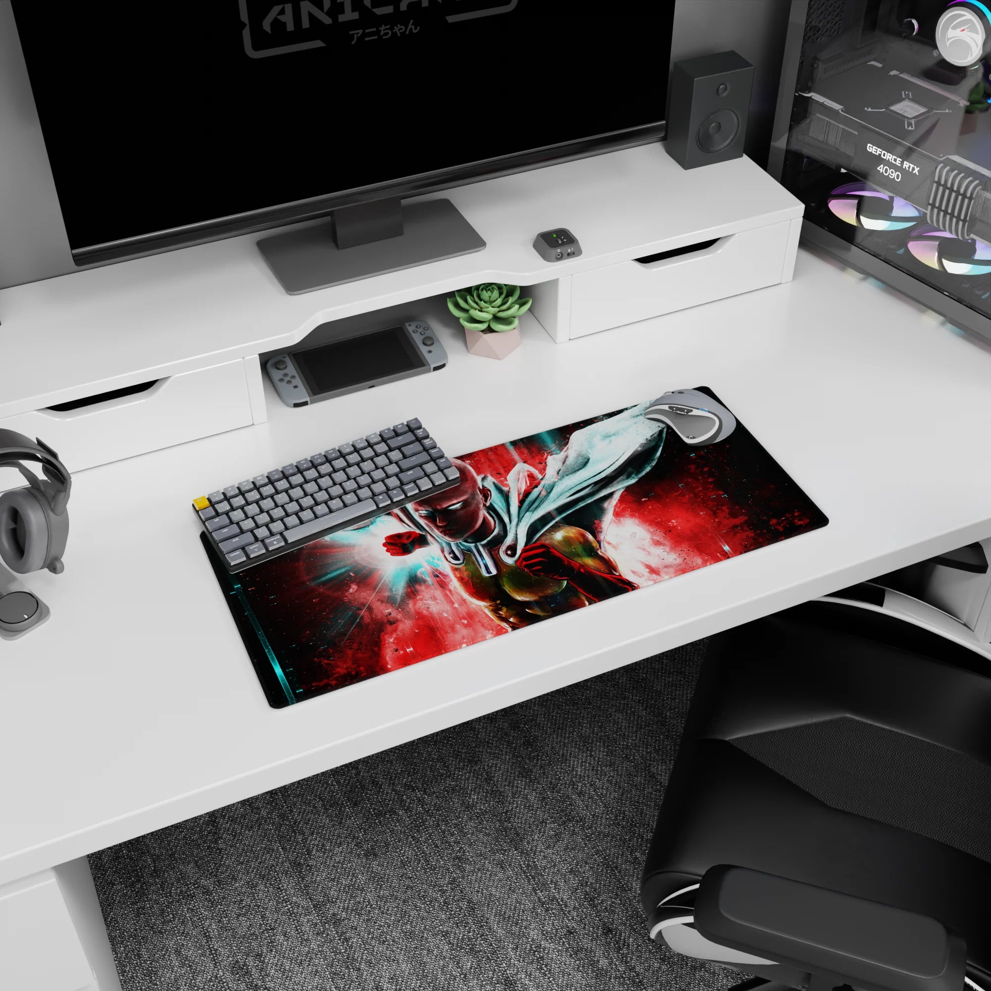 28x12 inches anime mouse pad showing Saitama in yellow suit and red gloves, cape snapping mid-charge.