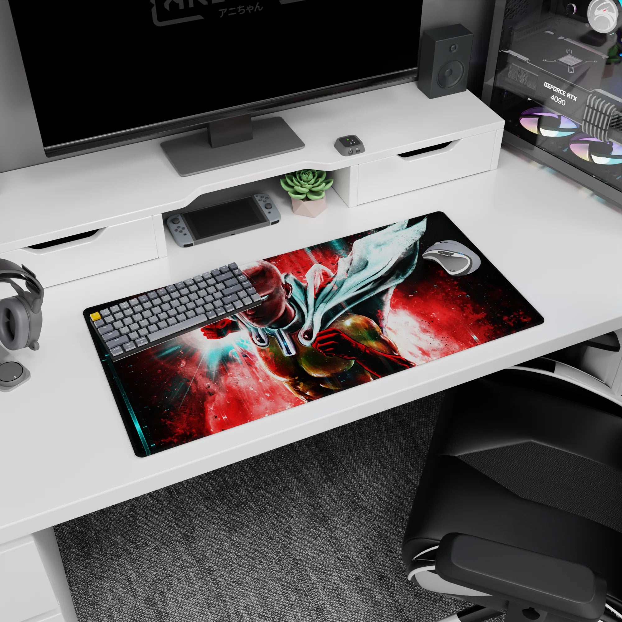 32x16 inches anime mouse pad showing Saitama surging forward, cape whipping, calm face under hard light.