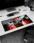 32x16 inches anime mouse pad showing Saitama surging forward, cape whipping, calm face under hard light.