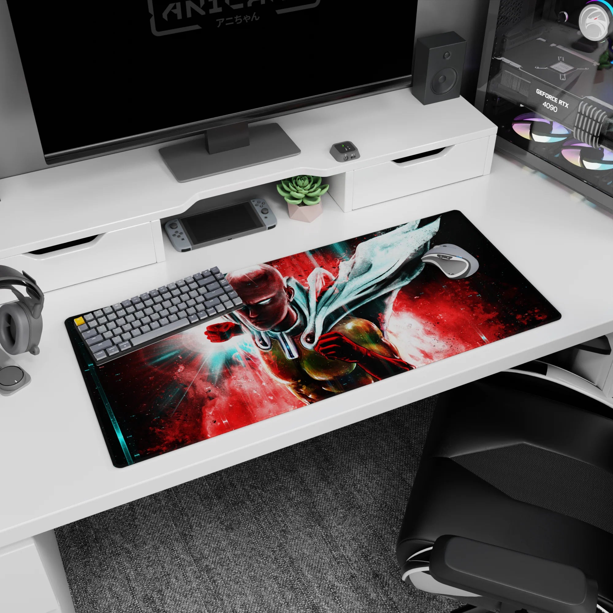 36x16 inches anime desk pad showing Saitama surging forward, cape whipping, calm face before impact.