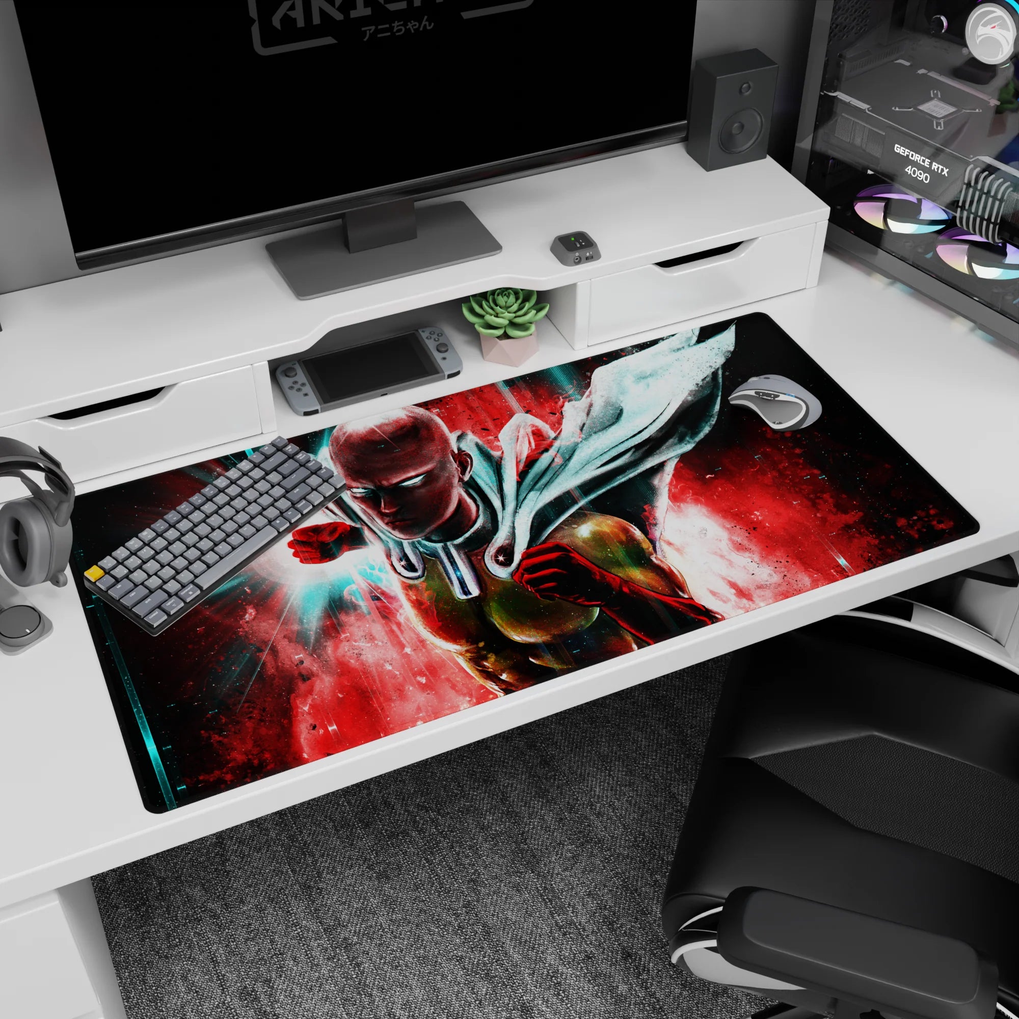 40x20 inches Saitama desk pad, calm face in hard light as he surges forward, cape snapping mid-charge.