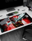 40x20 inches Saitama desk pad, calm face in hard light as he surges forward, cape snapping mid-charge.