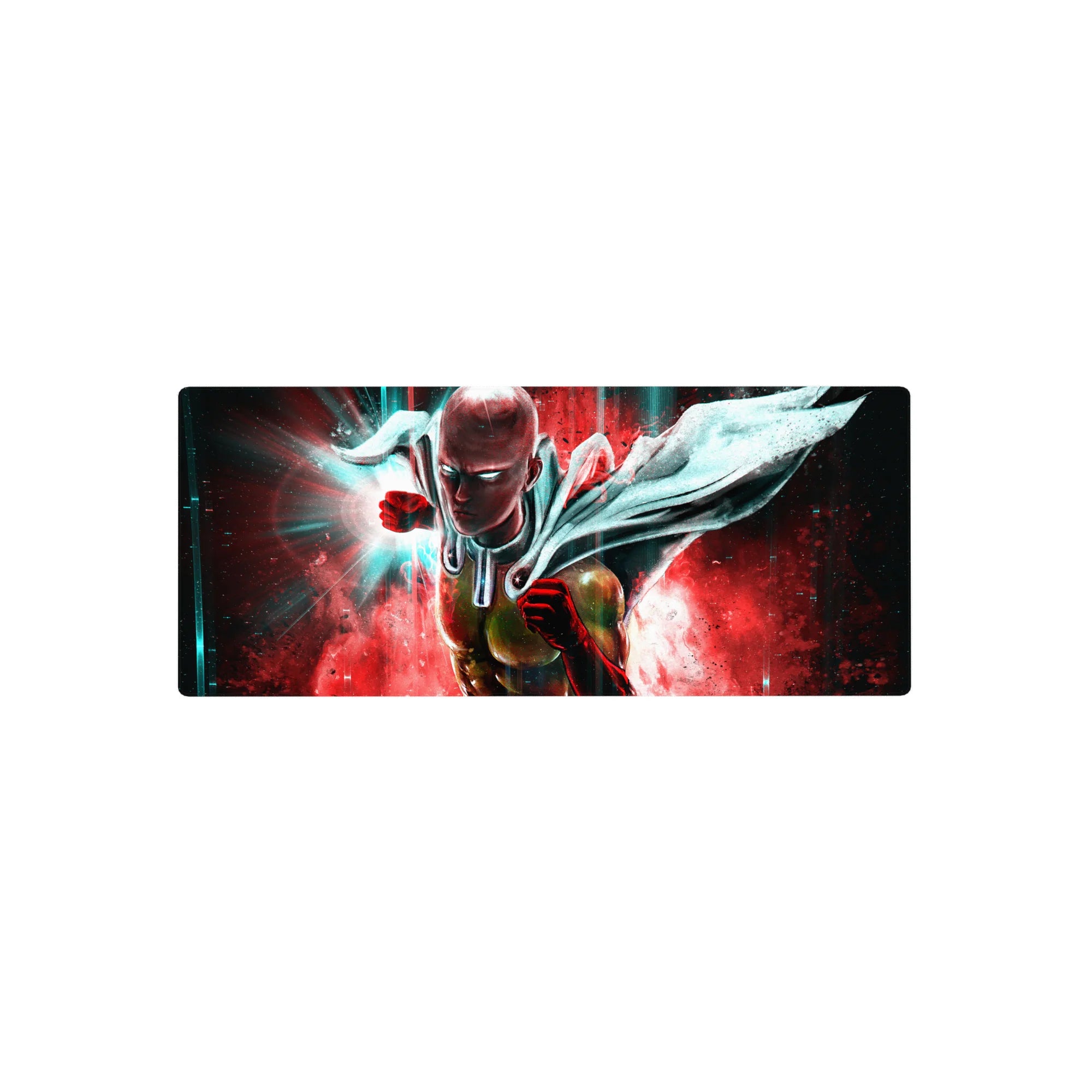 28x12 inches anime mouse pad with Saitama punch-forward art, teal streaks on crimson, bold comic action.